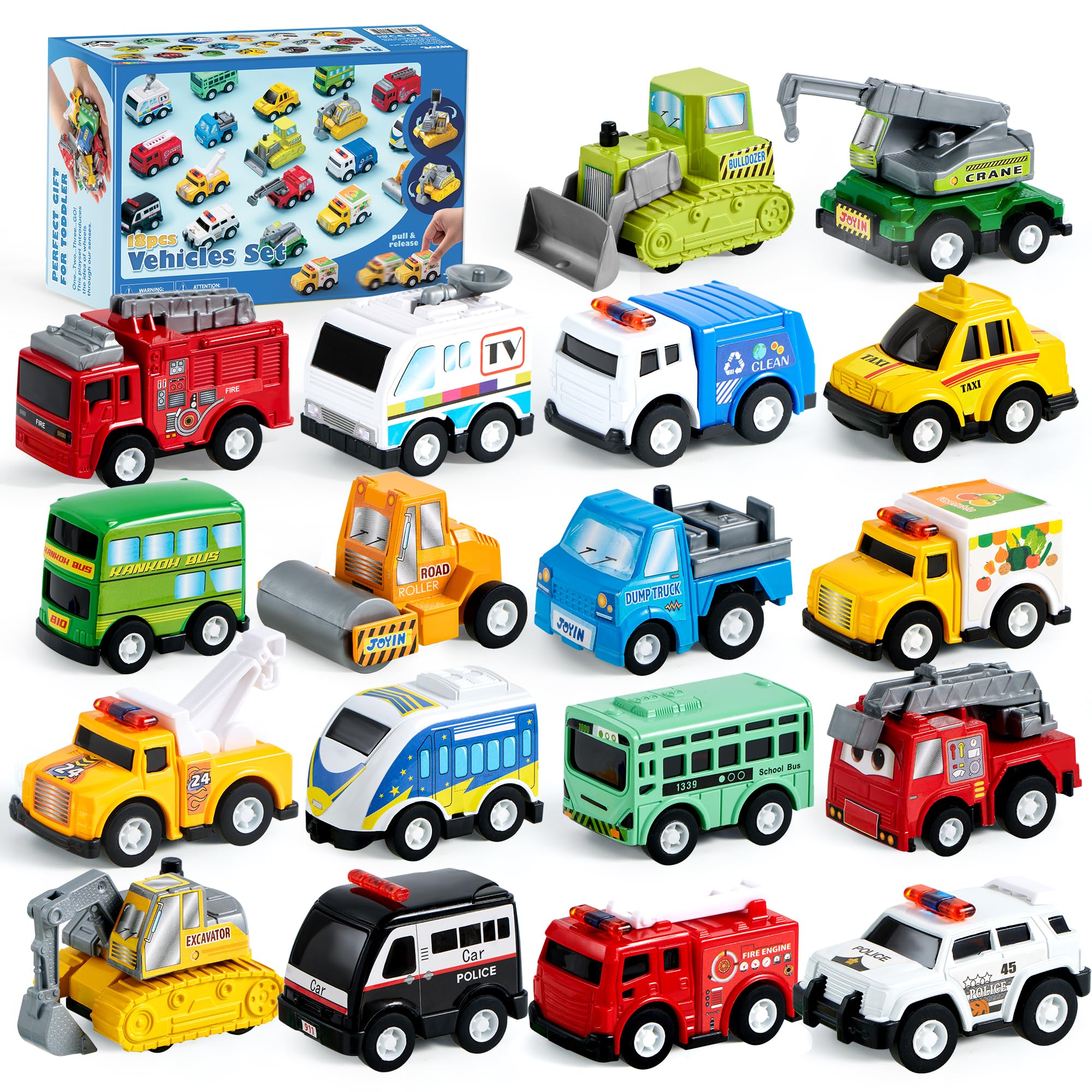 JOYIN 18 Piece Pull Back City Cars and Trucks Toy Vehicles Set Model Car, Friction Powered Die-Cast Cars for Toddlers, Boys, and Girls’ Educational Play