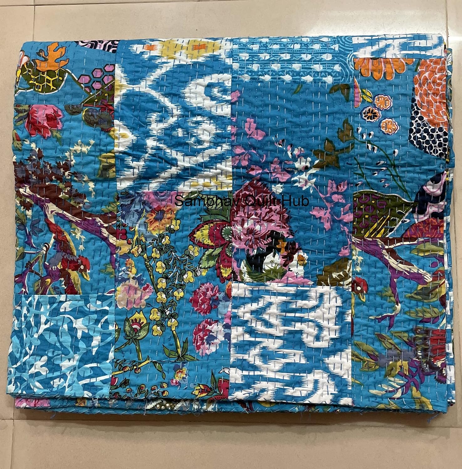 Handblock Print Multi Floral Assorted Cotton Patchwork Kantha Quilt Home Decorative Handmade Patch Quilted King Size Bohemian Bedding Throw Blanket Vintage Quilt (60X90 inches)