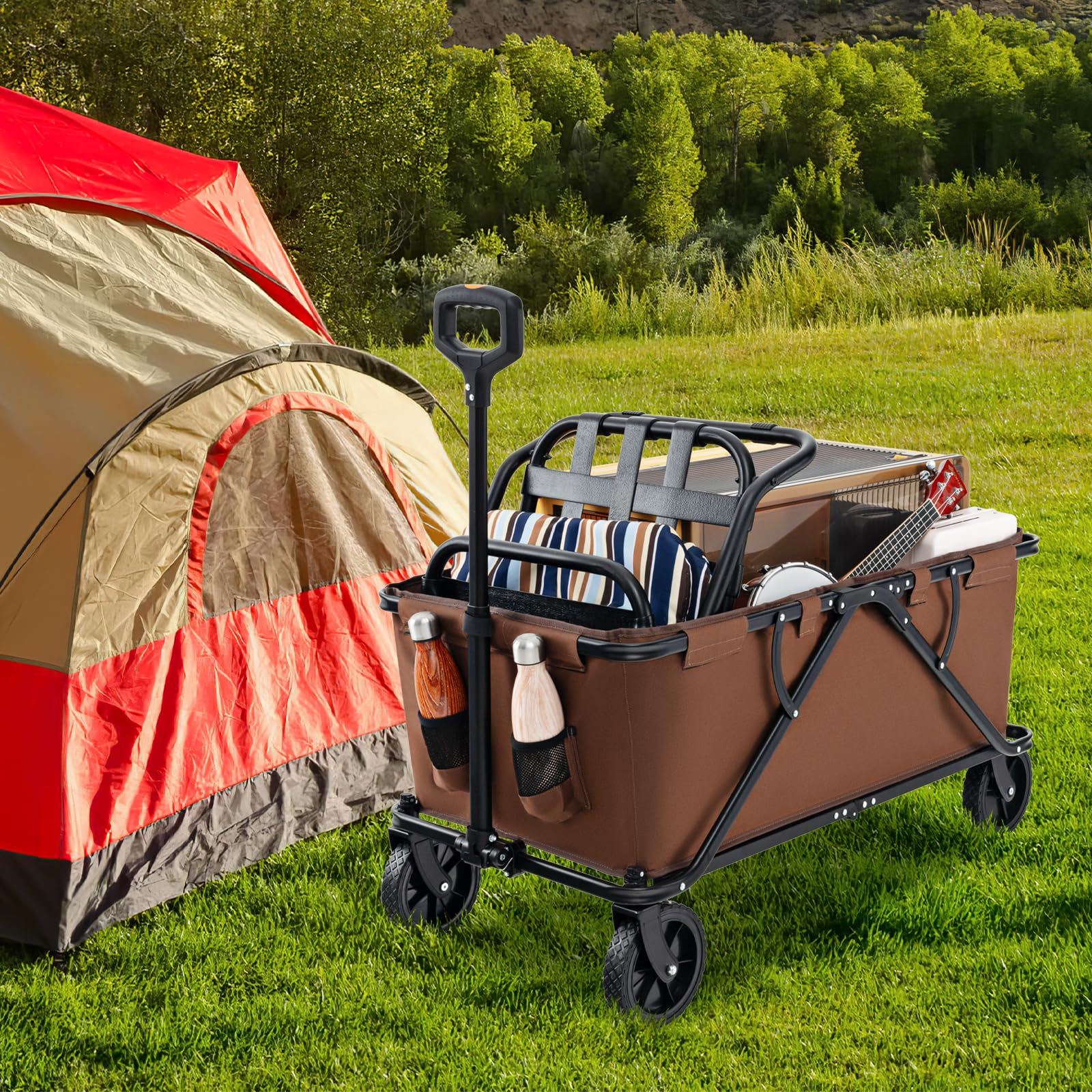 GYMAX Chariot de Plage Pliable à roulettes, avec Guidon Réglable, Porte-Bouteilles et Poche de Rangement, Chariot Utilitaire Pliable d'Extérieur, pour Camping-Jardin-Plage (Brun)