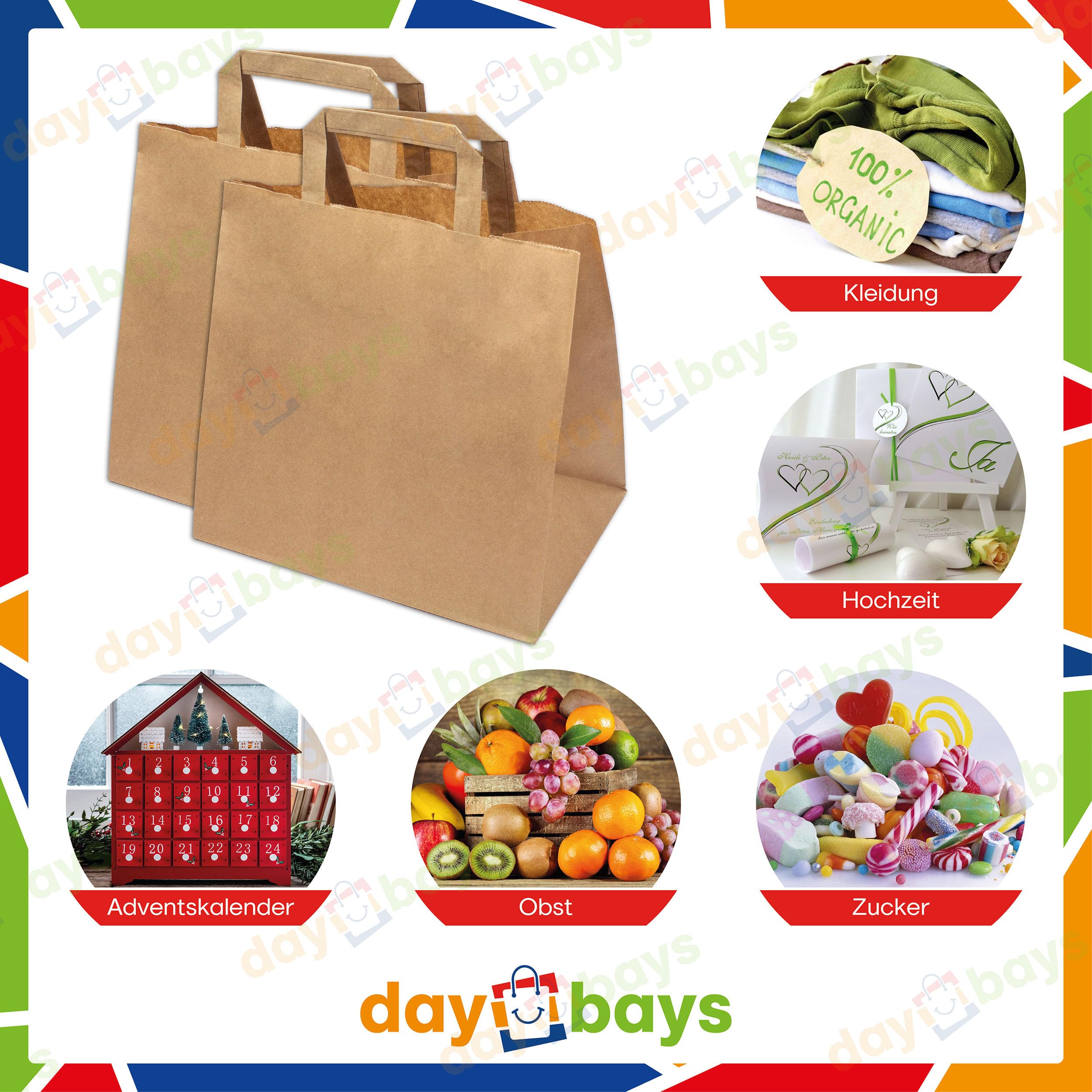 Daybays Papiertüten 26+17 x 25 cm Braun 250 Stk. Geschenktüten Papiertragetaschen mit Henkel aus Kraftpapier, Papiertaschen Geschenktüte Papiertüte klein (250)