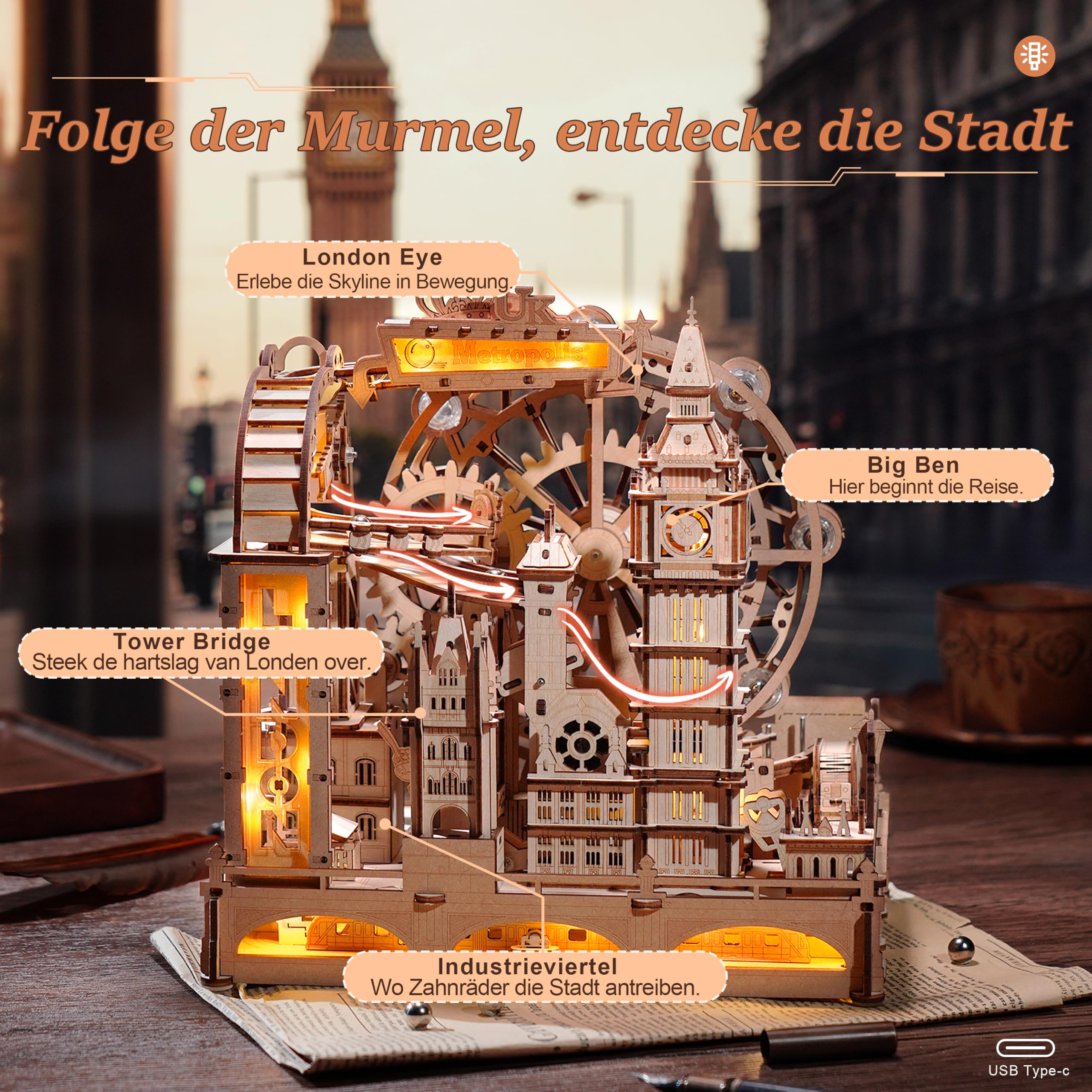 ROBOTIME EGB01 3D-Puzzle aus Holz mit Murmelbahn, Modellbausatz London mit Lichtern, mechanischer Bausatz für Erwachsene und Jugendliche, dekoratives und pädagogisches Geschenk