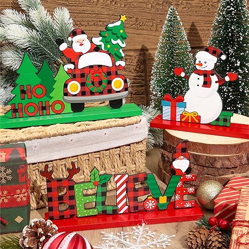 Miniatura 4 de 6 piezas de decoraciones navideñas de madera, decoraciones de mesa a cuadros de búfalo, letreros de centro de mesa navideño con Santa, muñeco de