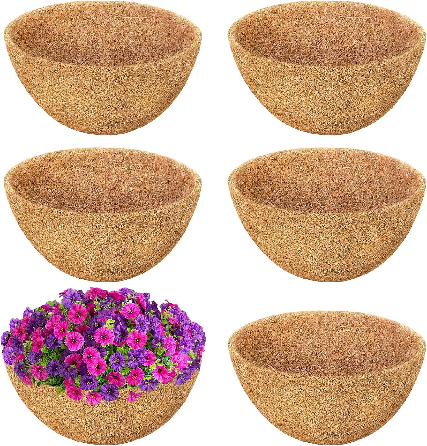 6 Pack 14 Inch Round Coconut Liners for Planters- Natural Hanging Basket Coco Coir Liners Replacement, Coconut Fiber Liner for Outdoor Garden Plants, Flower Pot, Vegetables, Fence, Decks