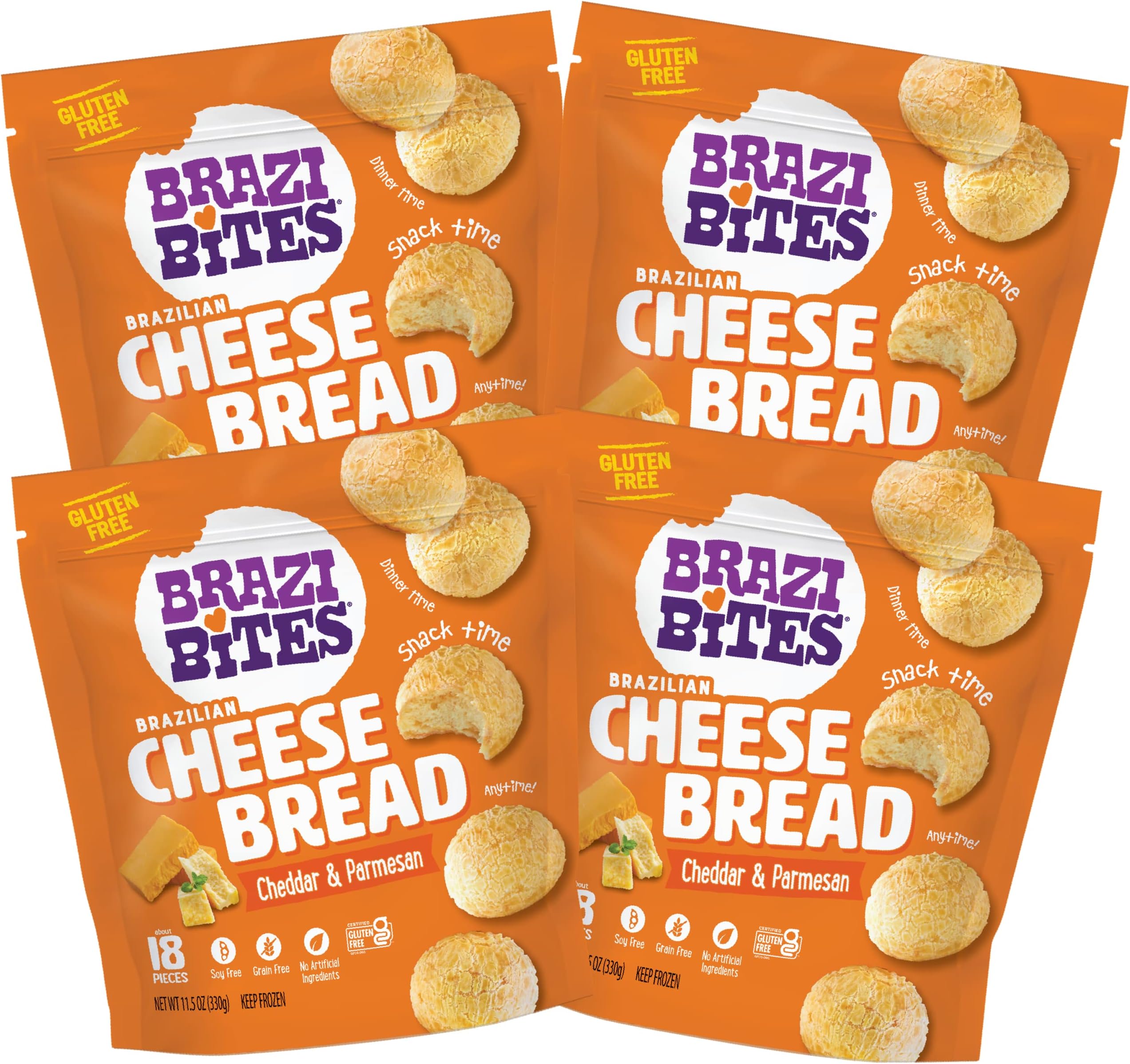 Gluten-Free Brazilian Cheese Bread: Cheddar & Parmesan | Vegetarian Frozen Bread Snacks | Soy-Free | No Artificial Ingredients | No Preservatives | 11.5 oz. pouches (4-pack)