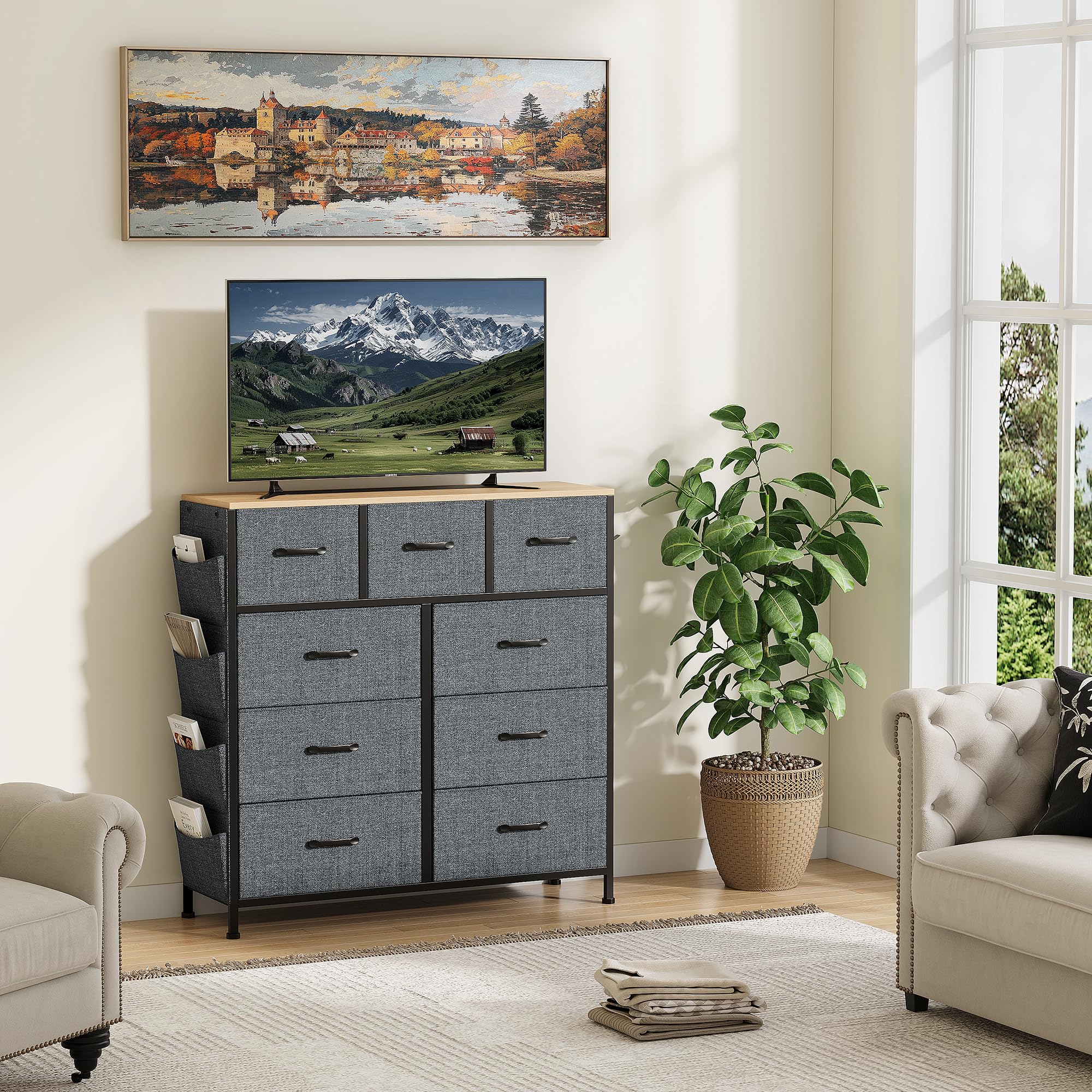 Armario de almacenamiento para pasillos estrechos, mueble PerGar gris de 9 cajones textiles
