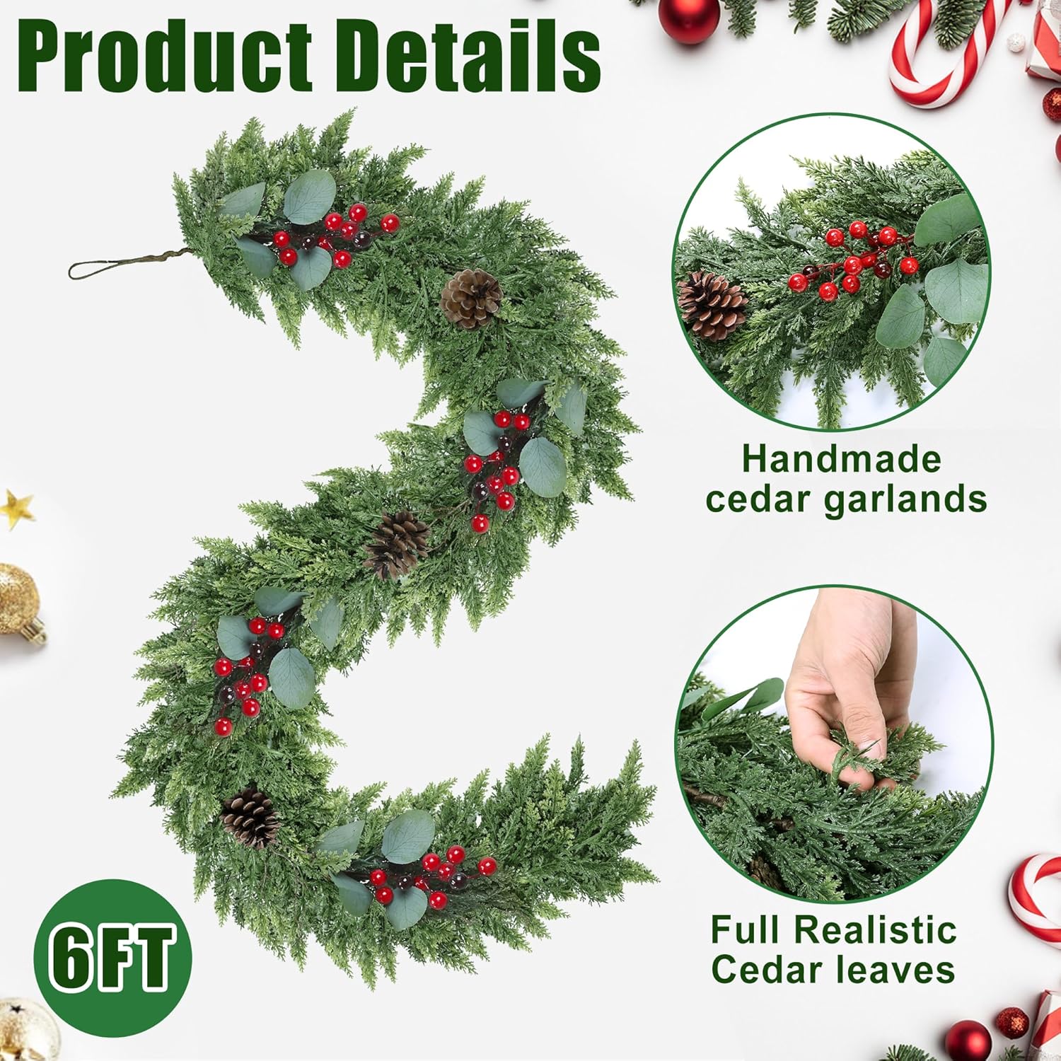 6ft Christmas Garland Realistic Soft and Thickness Green Faux Cedar Pine Garland Artificial Cedar Cypress Garland with Red Berries for Home Fireplace Wall Indoor Outdoor Holiday Party Decoration - Image 3