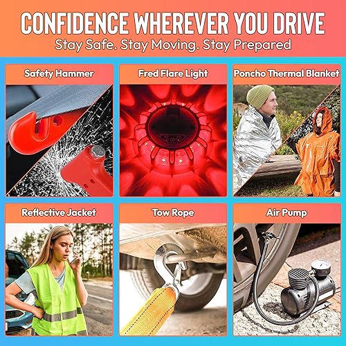 Miniatura 4 de Kit de emergencia para coche de carretera  Kit de emergencia para coche con cables de puente, bengalas LED, inflador de neumáticos, kit de primeros