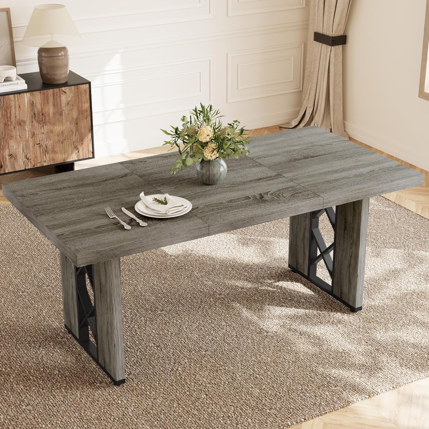 70.8" Farmhouse Dining Table for 6 People, Large Rectangle Kitchen Table with Heavy Duty Legs, Industrial Dining Room Furniture for Dinner, Grey