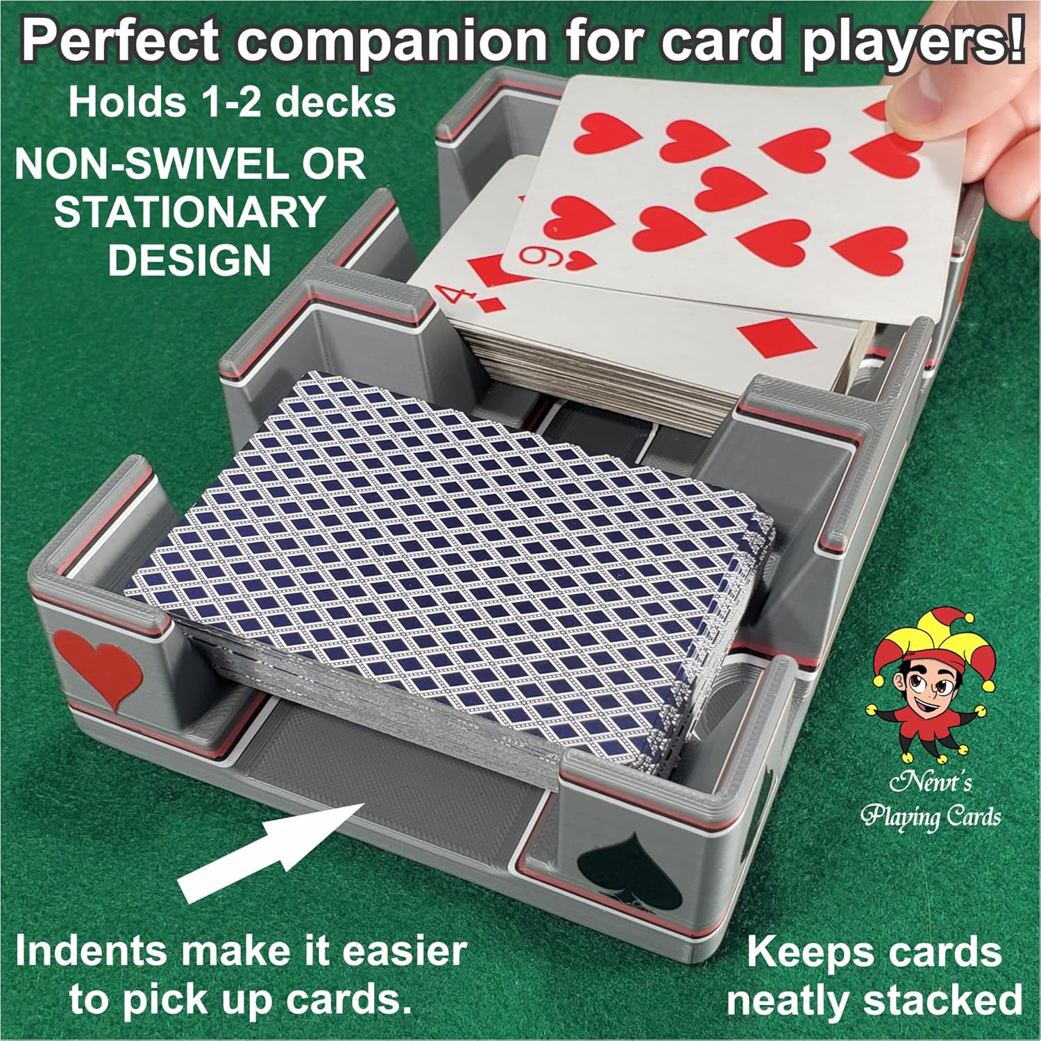 Ritzy Playing Card Tray, Non-Swivel for Card Games Using 1-2 Decks of Cards: Suited Plastic Design Features Hearts, Diamonds, Spades and Clubs - Made in USA (Vintage Silver Design)