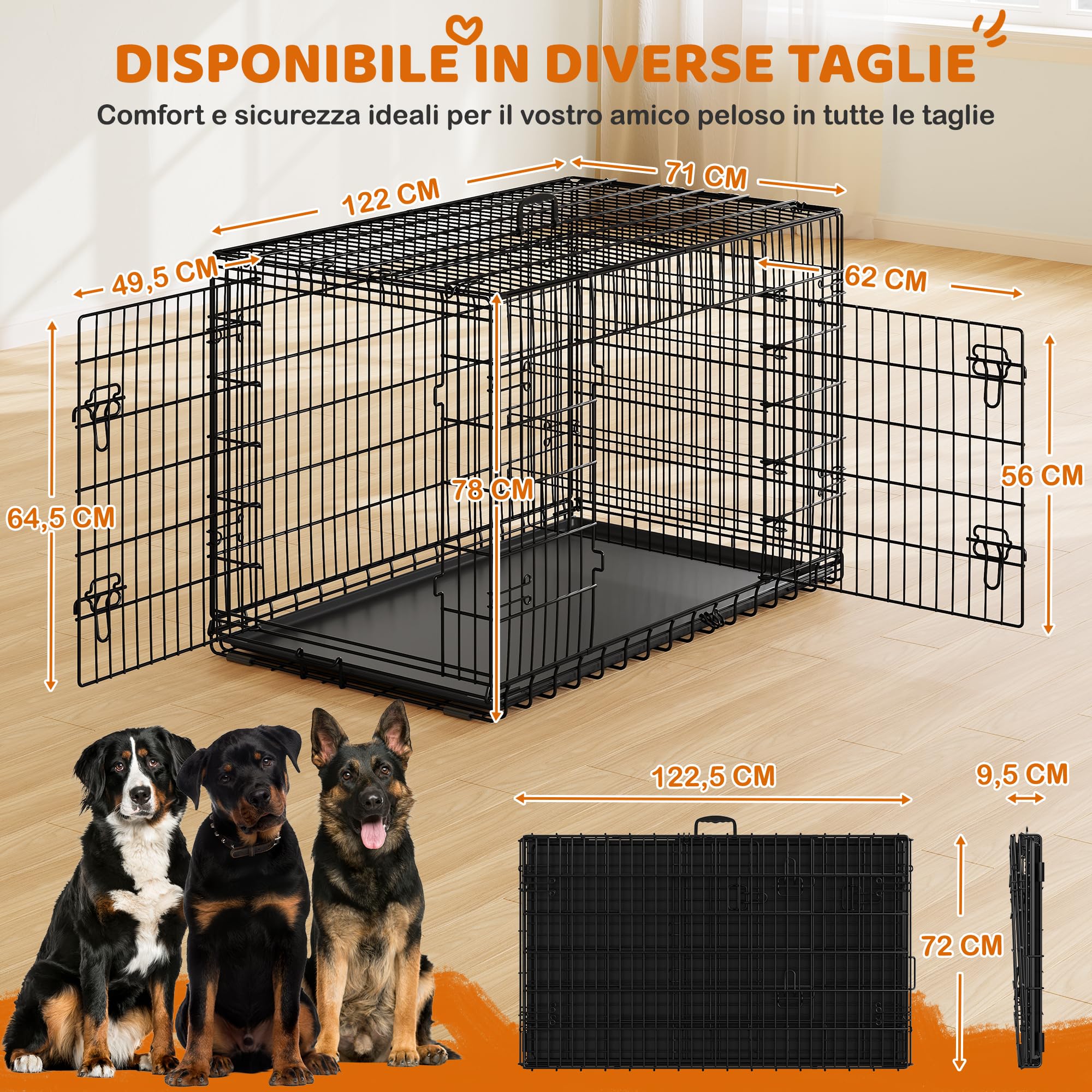 Yaheetech Gabbia per Cani Gatti Kennel in Metallo Cuccioli Pieghevole con Vassoio Rimovibile Doppia Porta e Divisorio Regolabile 122,5 × 73 × 80 cm Nero