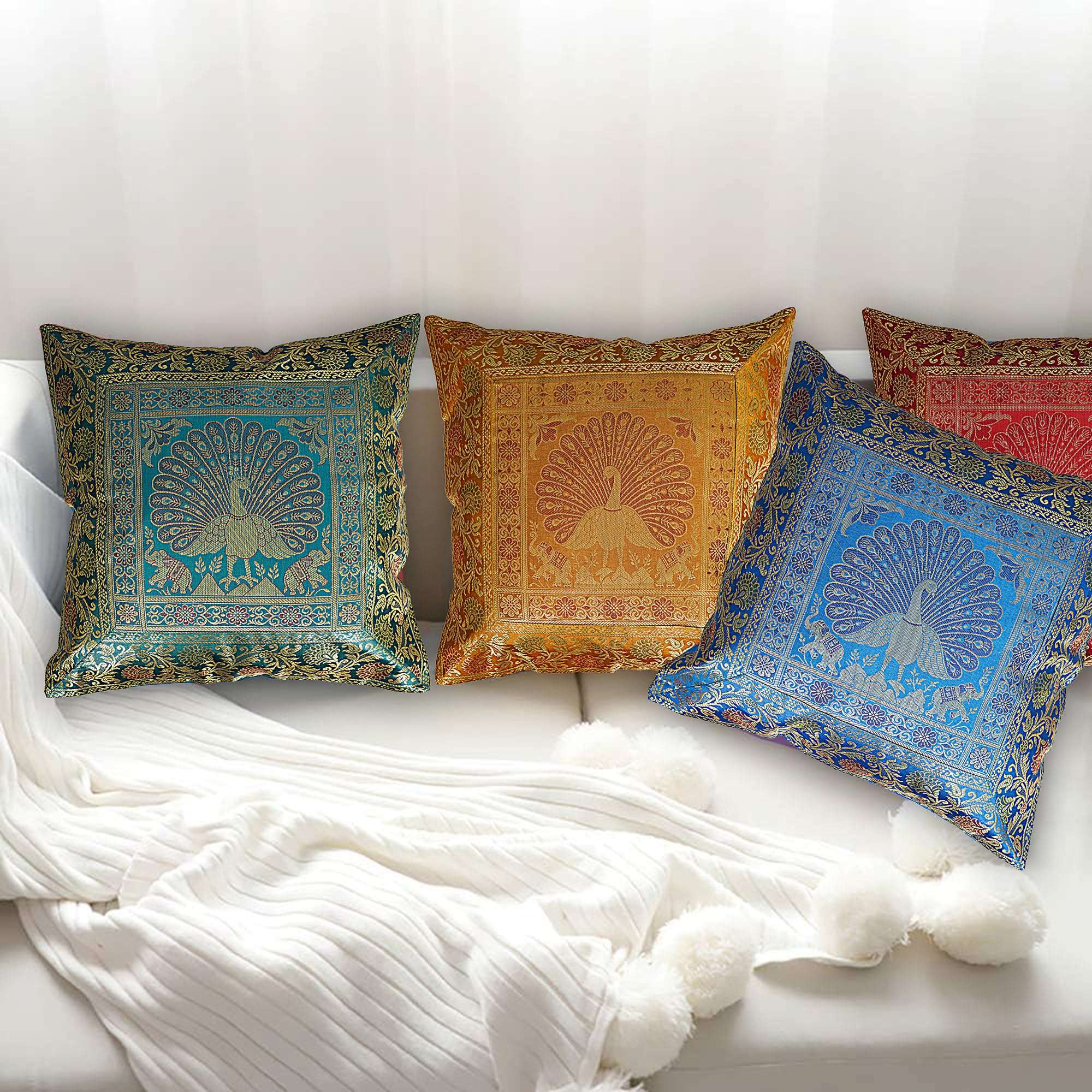 Real Online Seller Ethnic Hand Embroidery Peacock Design Decorative Silk Cushion Cover for Sofa (Multi Color Set of 4, 16x16 Inches) Outdoor Cushion Covers for loveseat