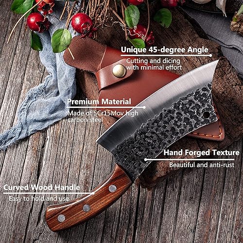 Miniatura 6 de Freelander Cuchillos forjados a mano, Cuchilla de carnicero para cortar carne, cuchillo vikingo de alto carbono con funda, cuchilla de carnicero