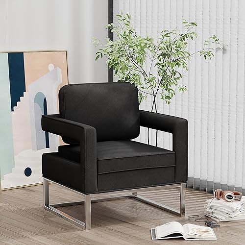 Miniatura 13 de Andeworld Silla decorativa, sillón de mediados de siglo, tapizado, moderno, para lectura, descanso, sala de estar, dormitorio, apartamento (beige)