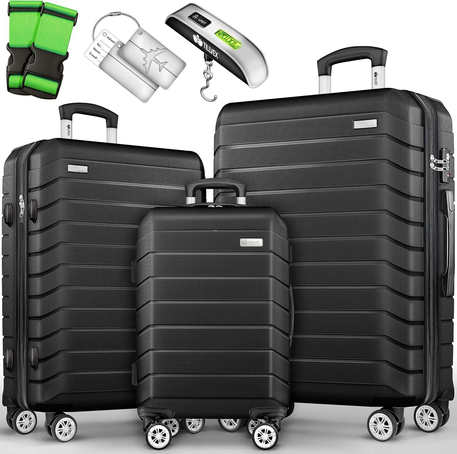 tillvex® Set de 4 Valises de Voyage + Balance, 8 Sangles à Bagages et 4 étiquettes à Bagages | Lot de valises avec roulettes et TSA Lock | Sacs de Voyage à Coque Rigide S-M-L-XL (Noir)