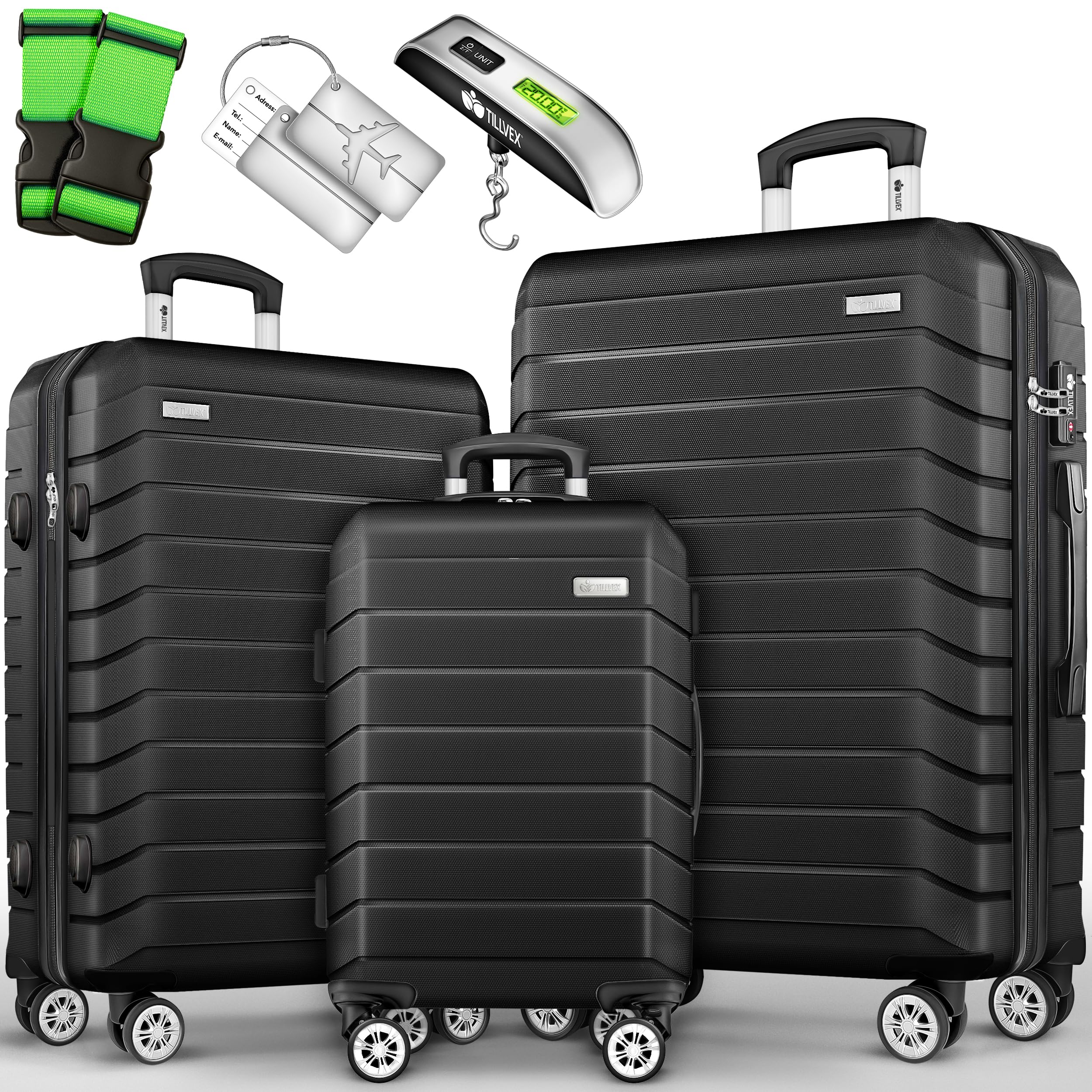 tillvex® Reisekoffer Set 3-TLG. + Gepäckwaage, 6X Koffergurte & 3X Kofferanhänger | Kofferset 4 Rollen | Trolley Gepäck Koffer TSA Schloss | Rollkoffer Hartschalenkofferset M-L-XL (Schwarz)