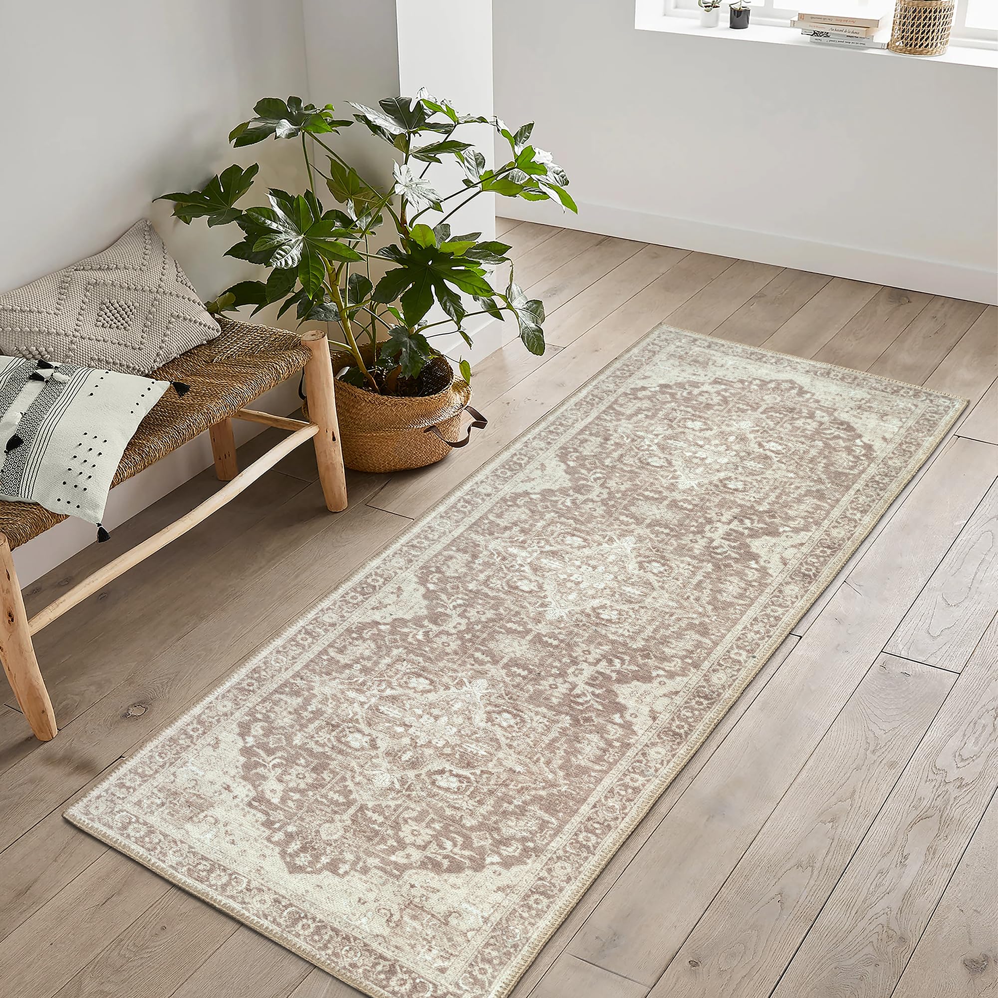 Bloom Rugs Washable Non-Slip 12 ft Runner - Light Brown Traditional Medallion Runner for Entryway, Hallway, Bathroom, and Kitchen - Exact Size: 2.5' x