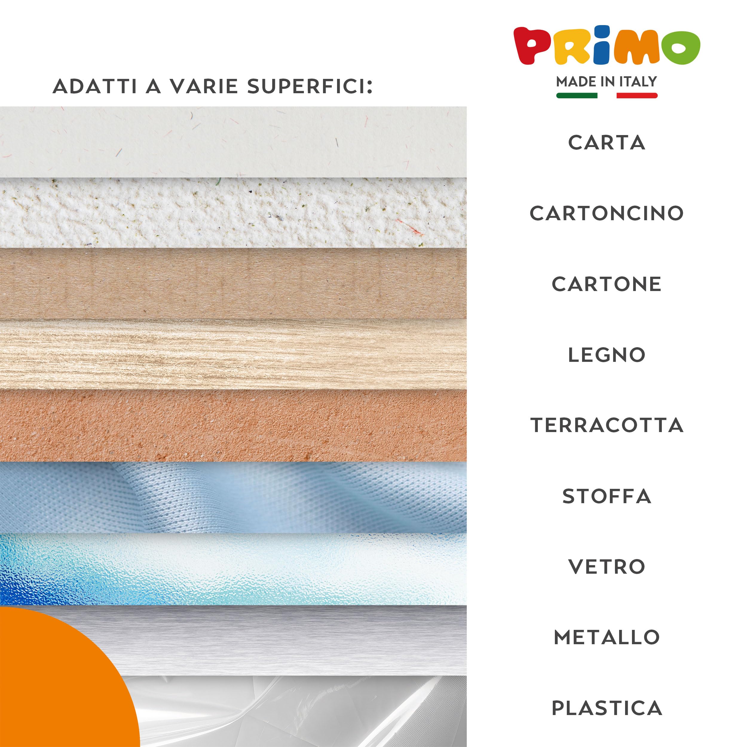 PRIMO - Tempere Lavabili per Bambini +3 Anni, 12 Colori per Bambini 25 ml in Vasetto Validi come Colori per Tessuti e Lavoretti Creativi, Pittura per Tessuti, Carta e Vetro, Colori a Tempera Coprenti