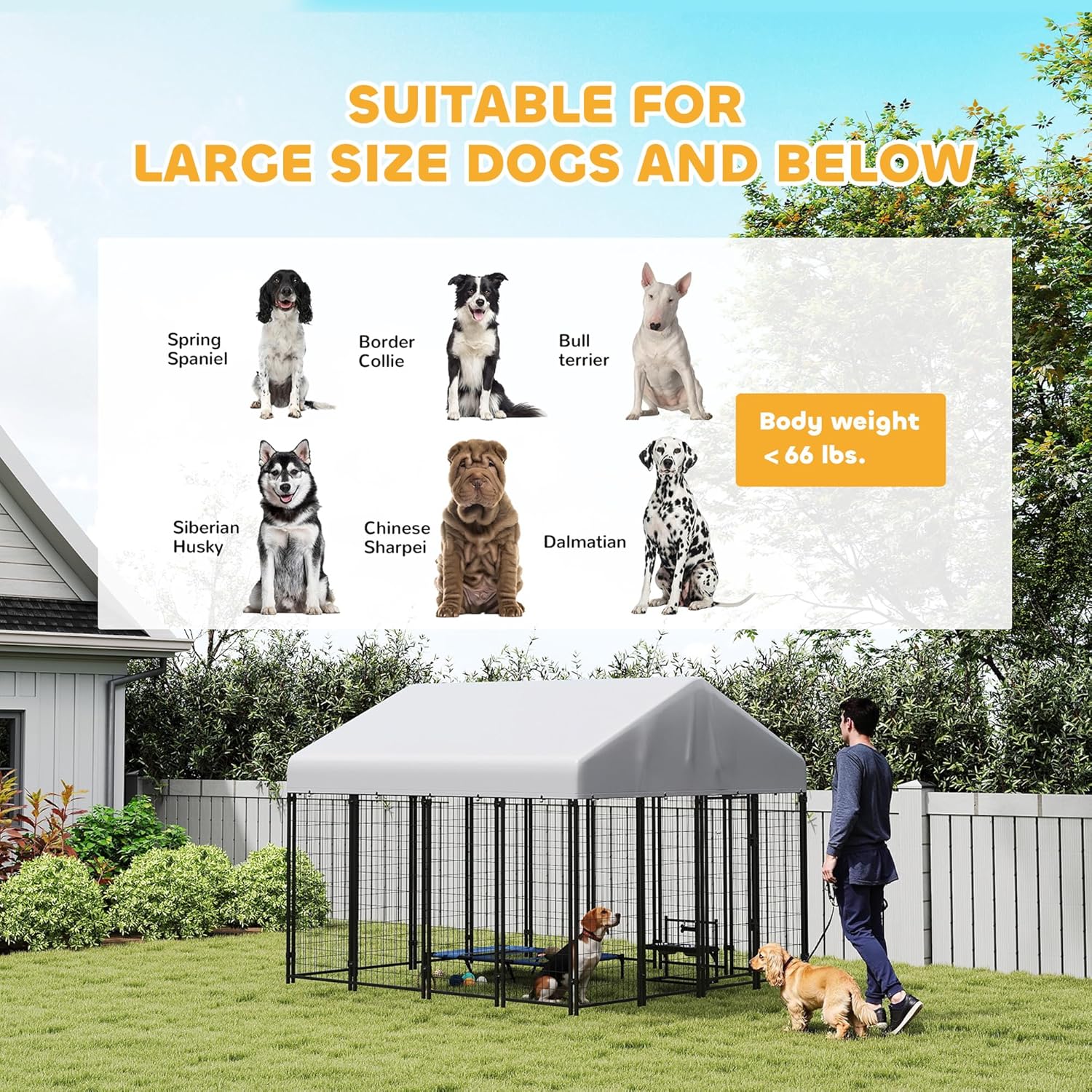 PawHut Outdoor Dog Kennel with Roof, 8' x 8' x 6' Heavy Duty Welded Wire Dog Playpen Enclosure with Escape-Proof Lock, UV-Resistant & Waterproof Cover, for Large Dogs, Chickens, Ducks, Silver