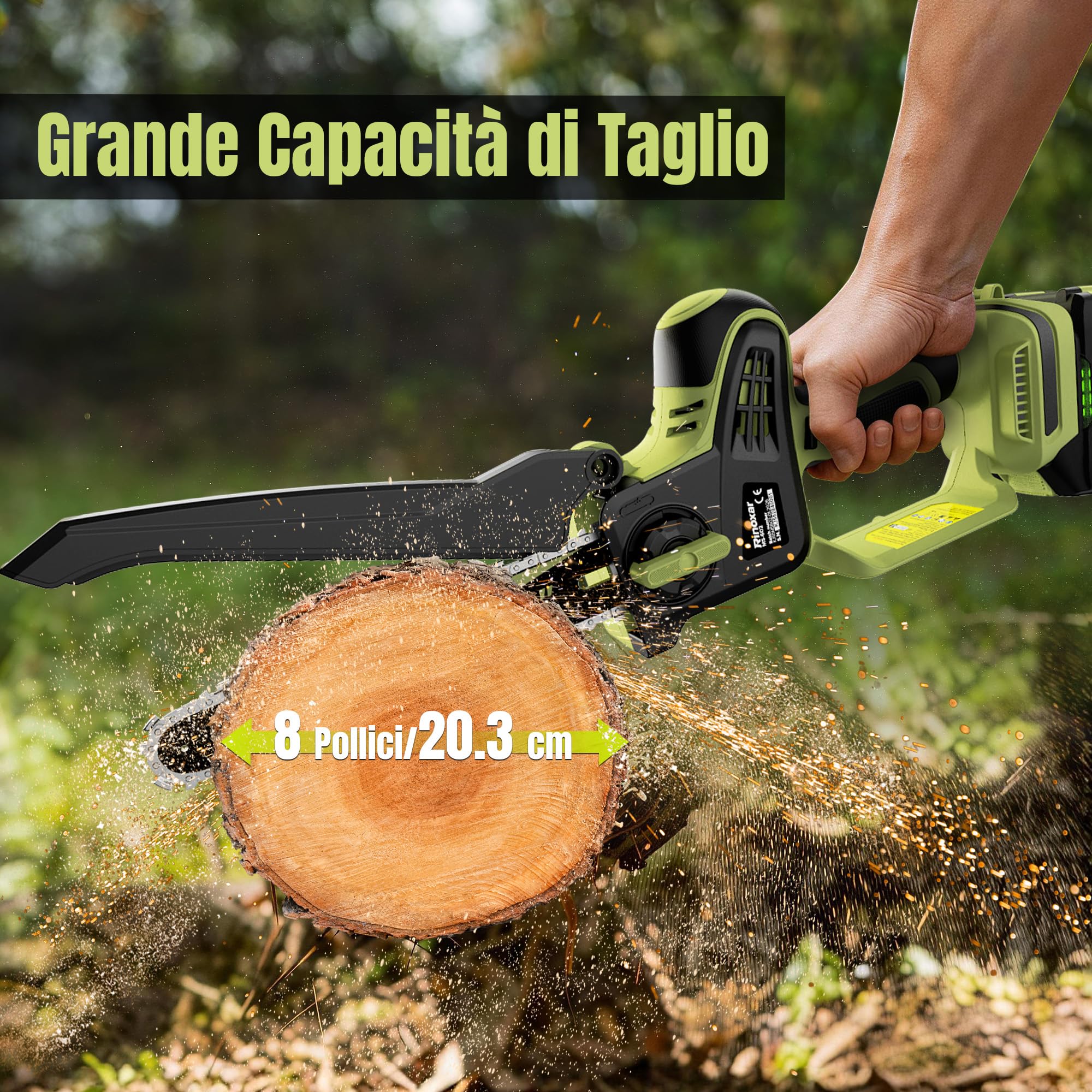 Motosega a Batteria 8 Pollici, Motosega Elettrica con 2×5200 mAh Batterie, Motore Brushless, Lubrificazione Automatica, Tensionamento Catena Senza Attrezzi, Sega per Potatura Legno e Rami