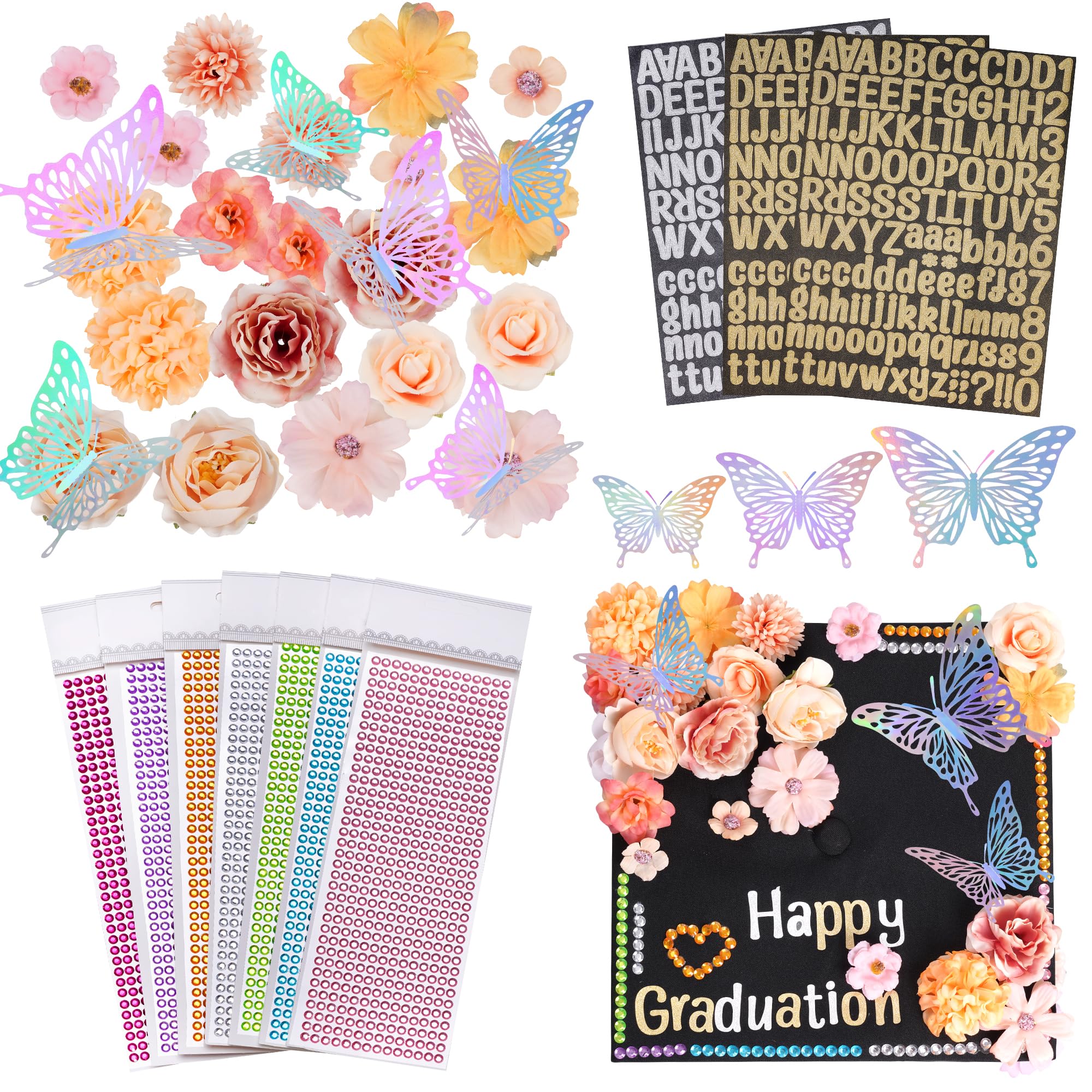 42 Pcs Graduation Hat Decorations Kit Includes 20Pcs Purple Decorative Flowers 7 Sheets Rhinestones Stickers 3 Sheets Glitter Number Letters Stickers