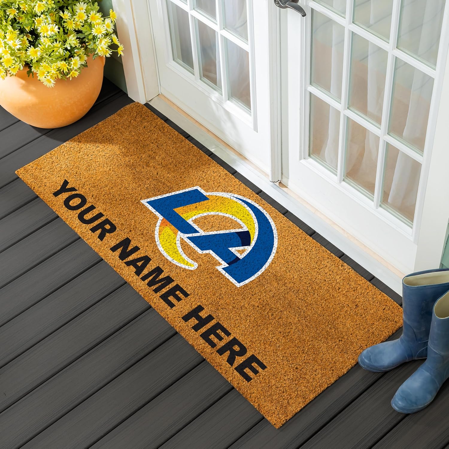 NFL Los Angeles Rams Natural Coir Doormat, Official Full Color Team Logo, 28 x 16 Inches, Non Slip Back, Front Door Welcome Floor Mats, Indoor Outdoor Entrance Home Décor