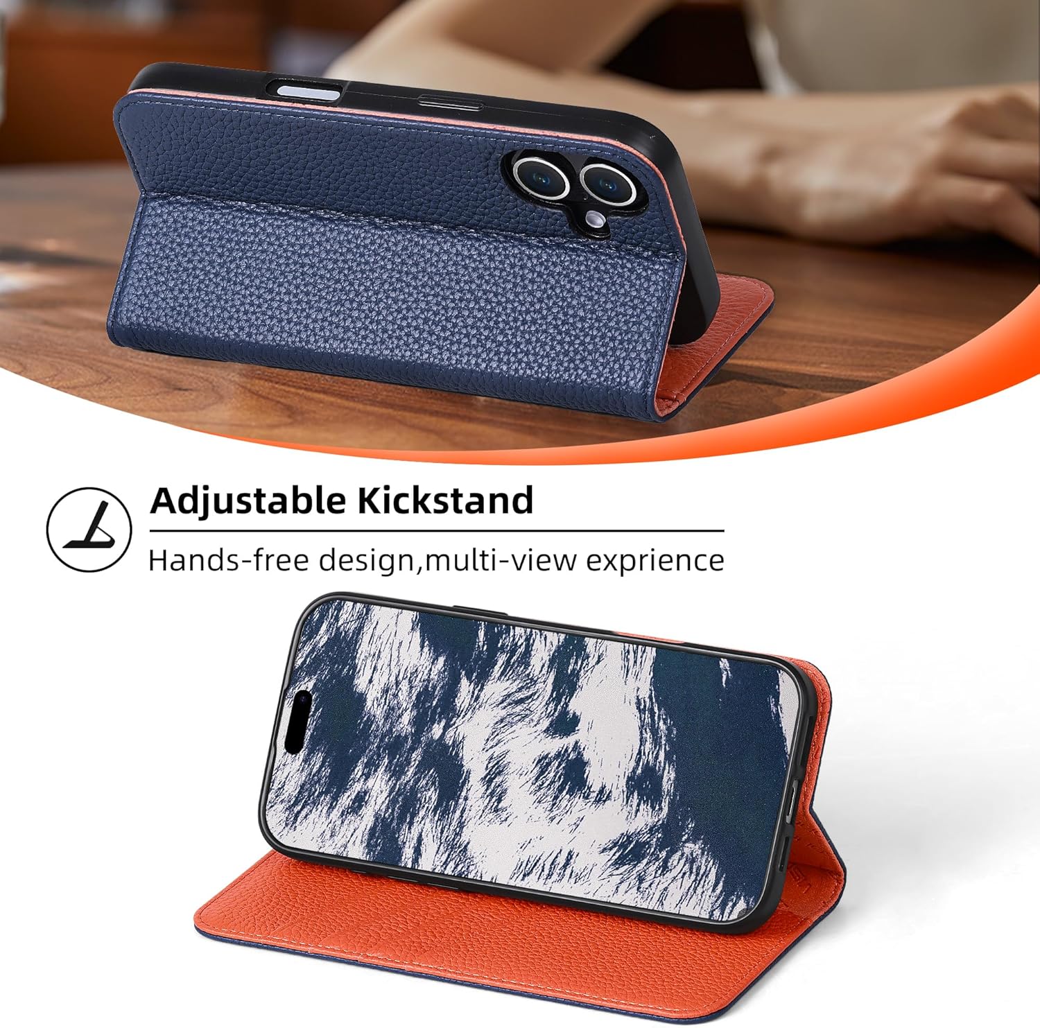 VISOUL Case for iPhone 16 Plus Wallet Case, Pebbled Genuine Leather Case Wallet Card Holders Kickstand Shockproof Flip Cover Compatible with iPhone 16 Plus (6.7”)-Blue+Orange
