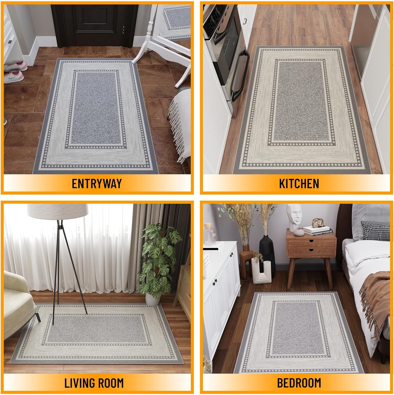 Ottomanson Area Rug 3'3" x 4'7" – Non Slip Rubber Backed Indoor Rug, Low Pile Accent Rug for Living Room, Bedroom, Entryway, Kitchen, Durable Floor Carpet, Border Light Gray
