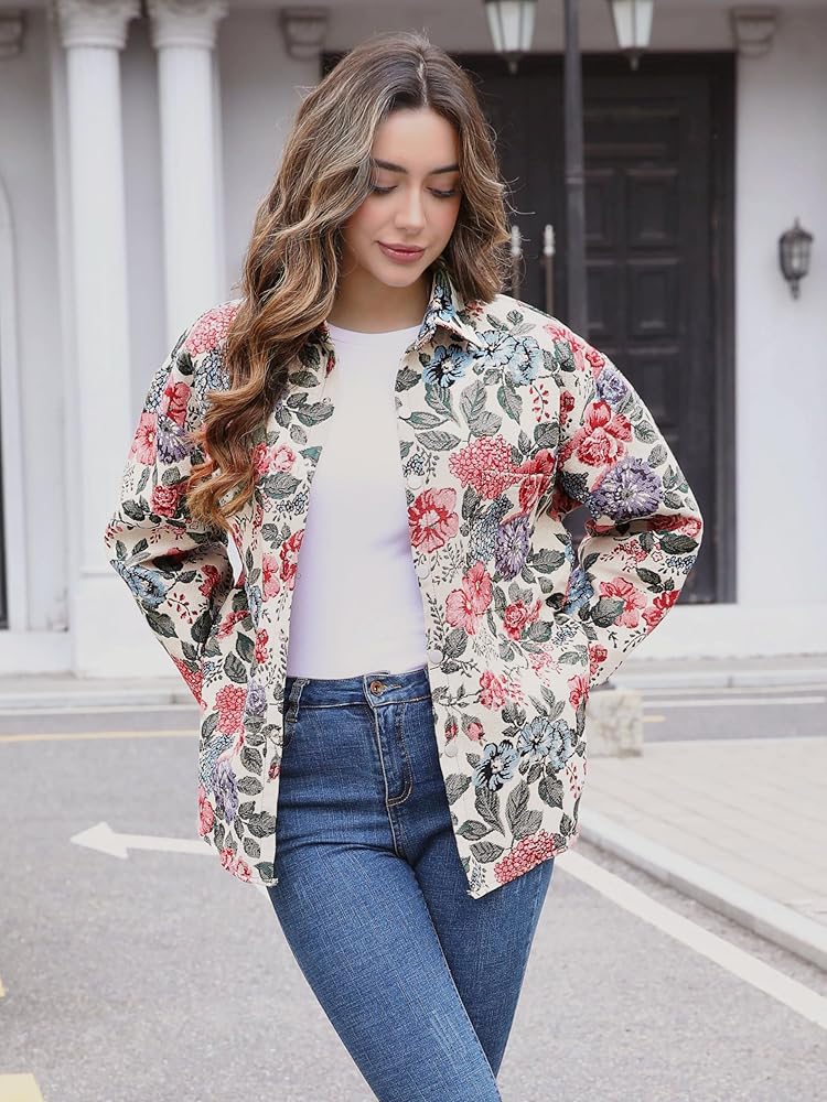 トップス Floral Jacquard Double Breasted Shirt Viscose Rayon Floral Jacquard Double Breasted Shirt - black