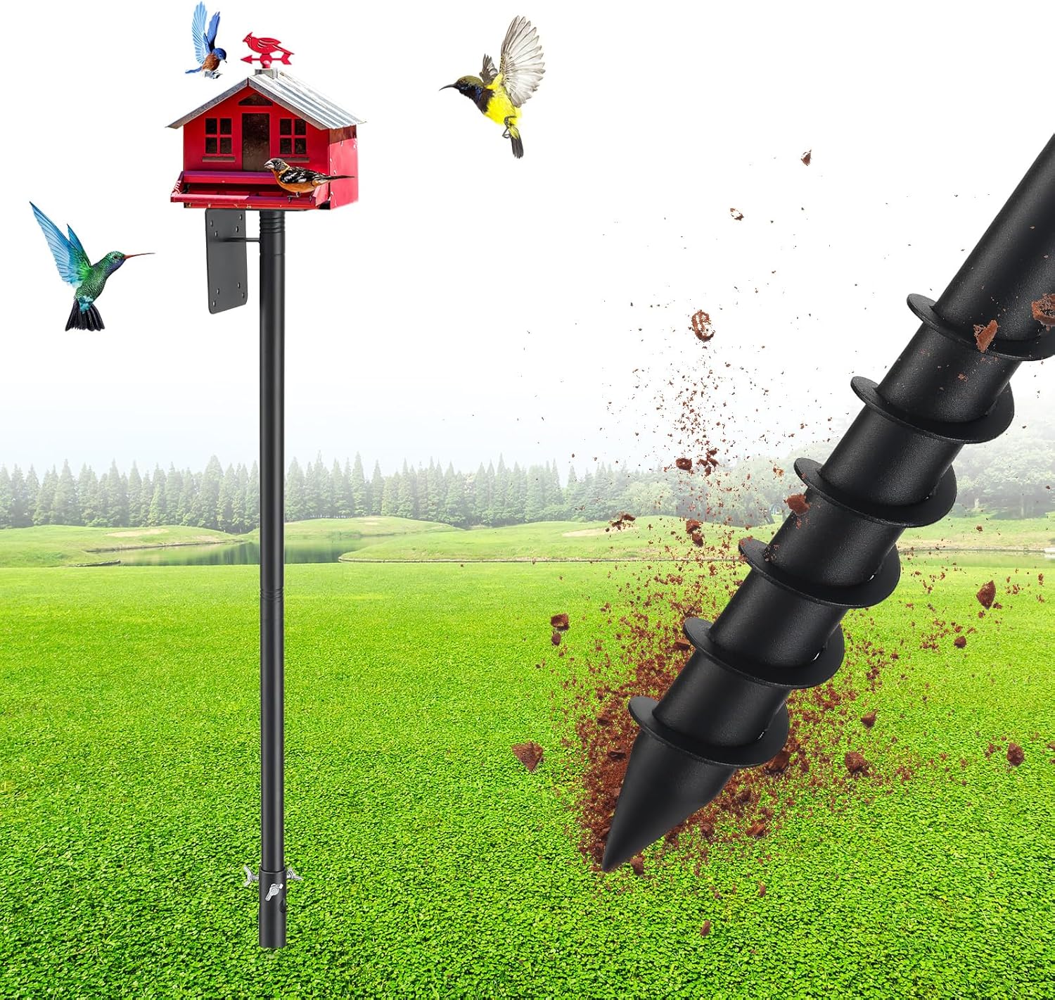 Bird House Pole, 60" Adjustable Bird Feeder Pole with Stand Stake, Heavy Duty 1.2 Inch Diameter Metal Bird Mounting Pole for Yard Garden Outdoors Park, Bluebird, Hummingbird, Black