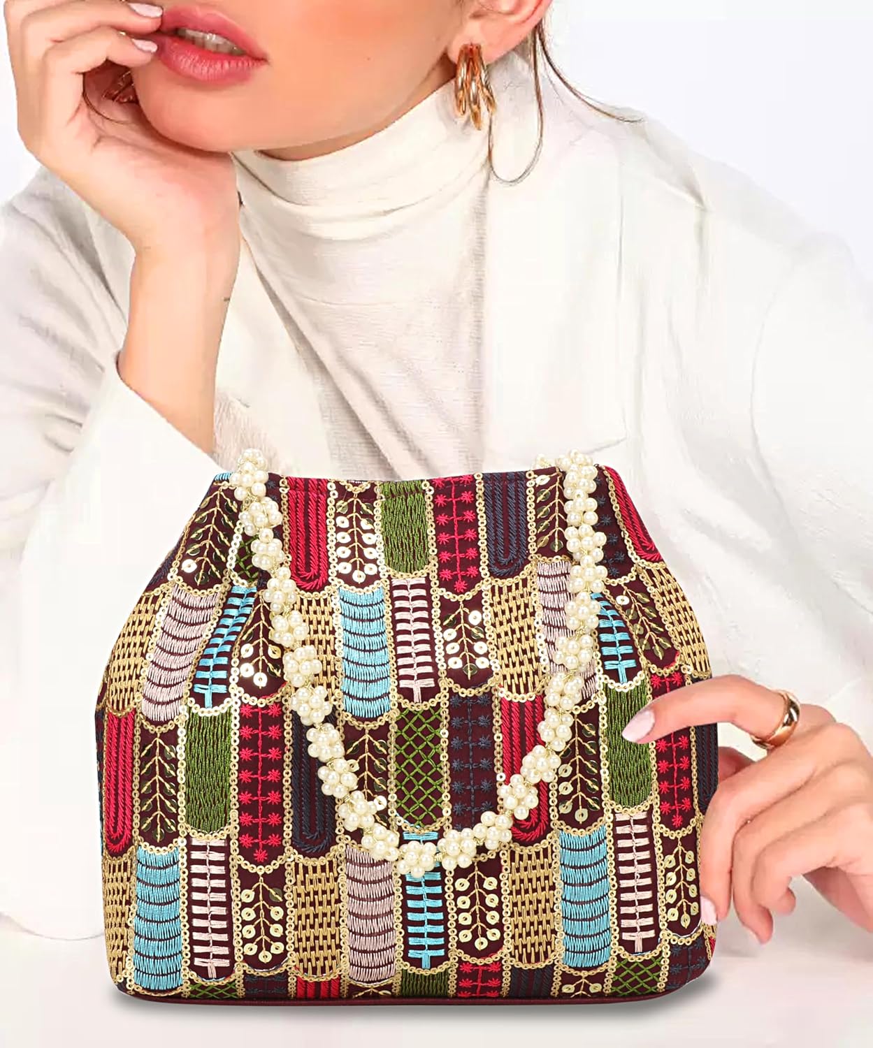 Indian Ethnic Designer Embroidered Silk Potli Bag Batwa Pearls Handle Purse For Women and Gifting Purpose