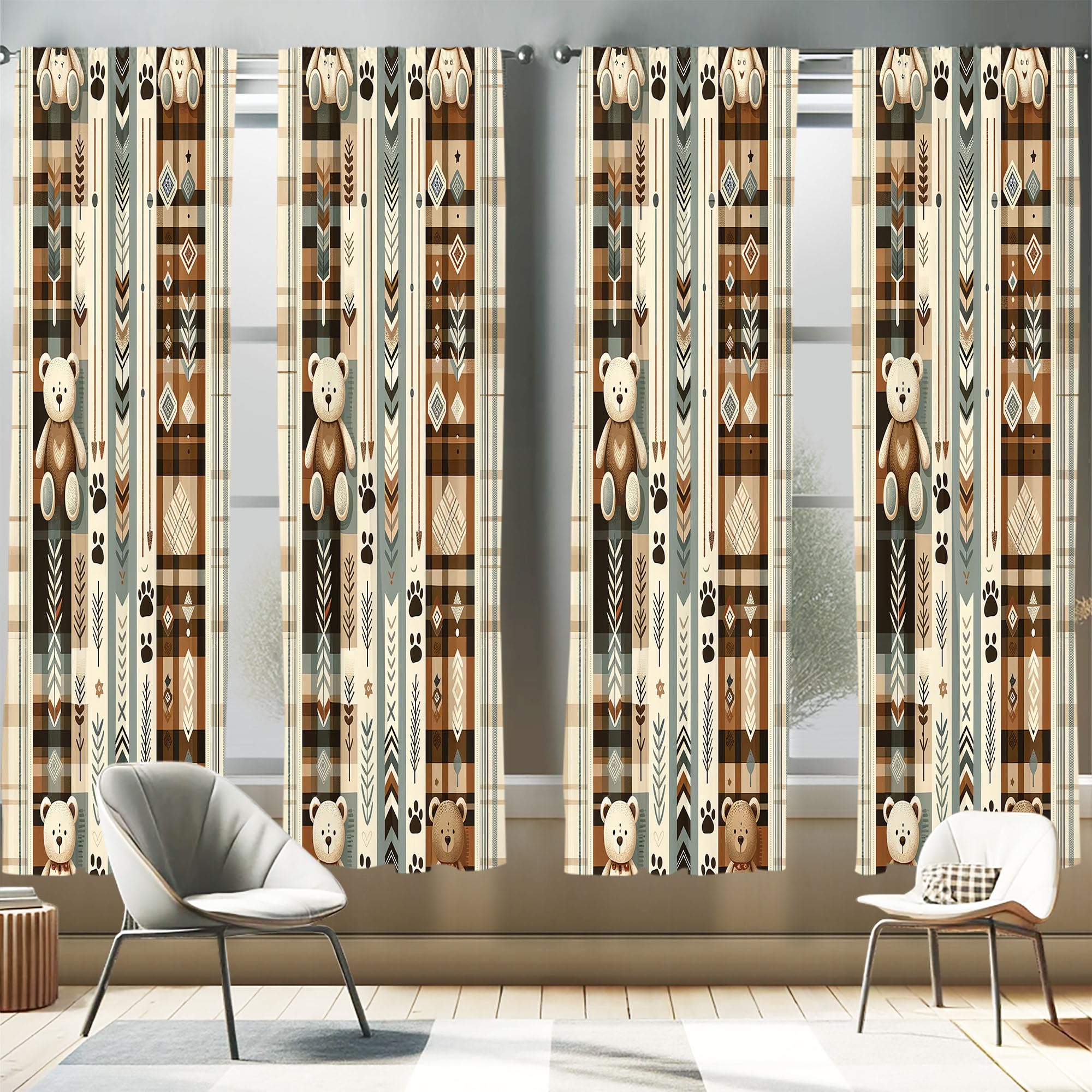 AmbesonneAmbesonne Bear Window Curtains Pack of 2, Modern Scandi Arrow and Leafy Plaid Ornate with Cartoon Paws Earthy Tones, Lightweight Set with Rod Pocket, 4 Panels of - 28" x 95", Pale Camel Blue Grey