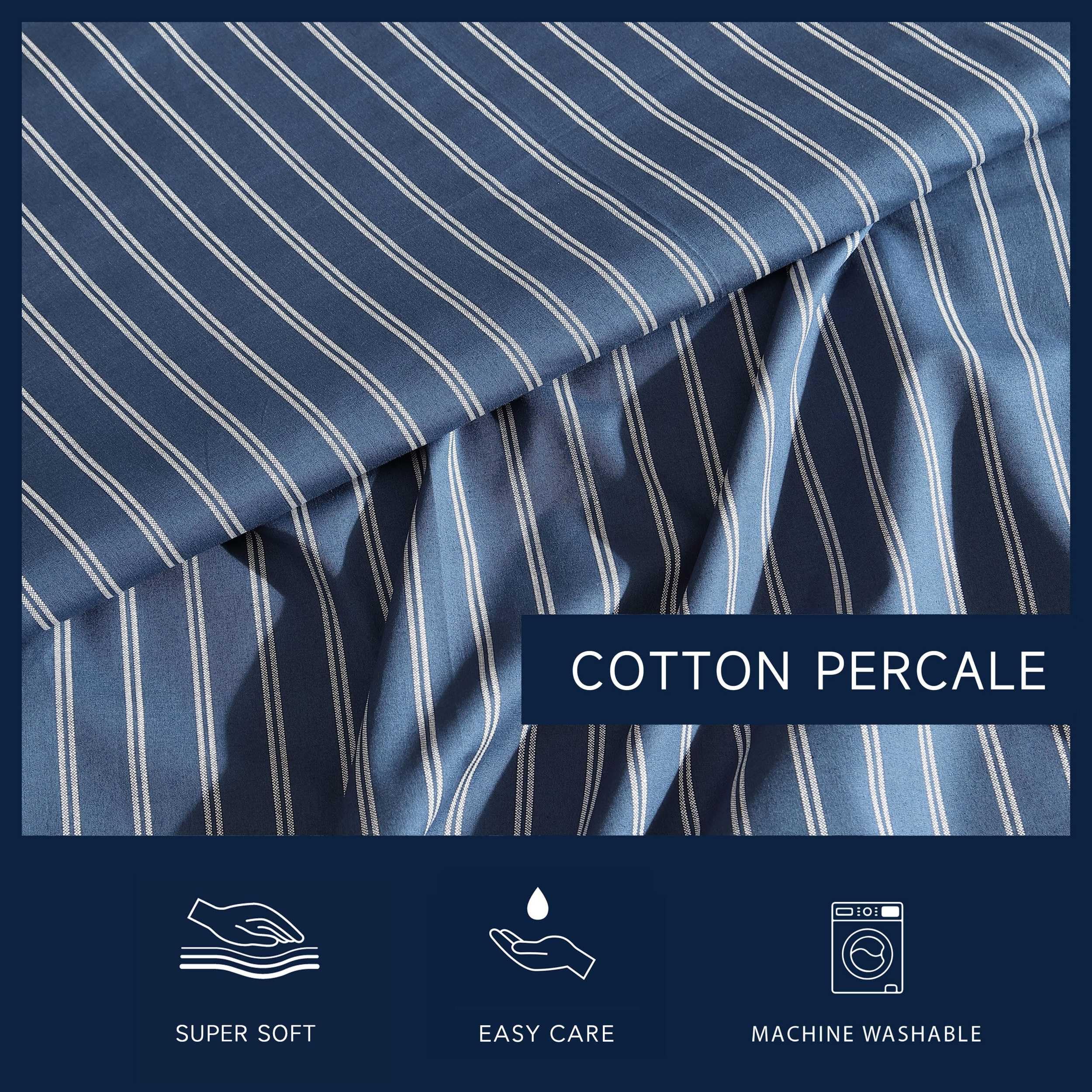 Nautica - Sábanas tamaño Queen, Juego de Ropa de Cama de percal de algodón, decoración del hogar a Rayas, Certificado Oeko-Tex (Richmond Stripe Blue, Queen)