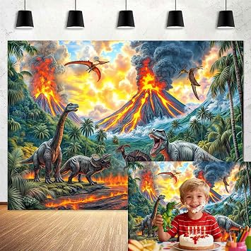 7X5FT Dinosaur Photo Backdrop for Boy Kids, Jungle Volcano Magma Dinosaurs World Photography Background, Dinosaur Park Theme Birthday Party Baby Shower Decorations Banner Photo Booth Propss
