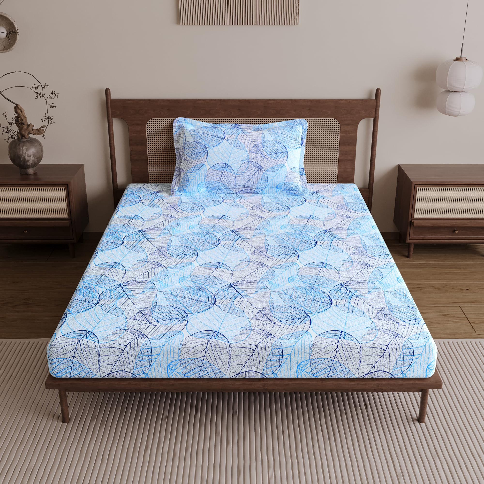 Divine Casa 144 TC Cotton Single Bedsheet with 1 Pillow Cover | Soft Breathable Wrinkle Free Bedsheet for Single Bed | Printed Bed Sheet Set for Bedroom | 145 x 223 cm (Light Blue, Floral)