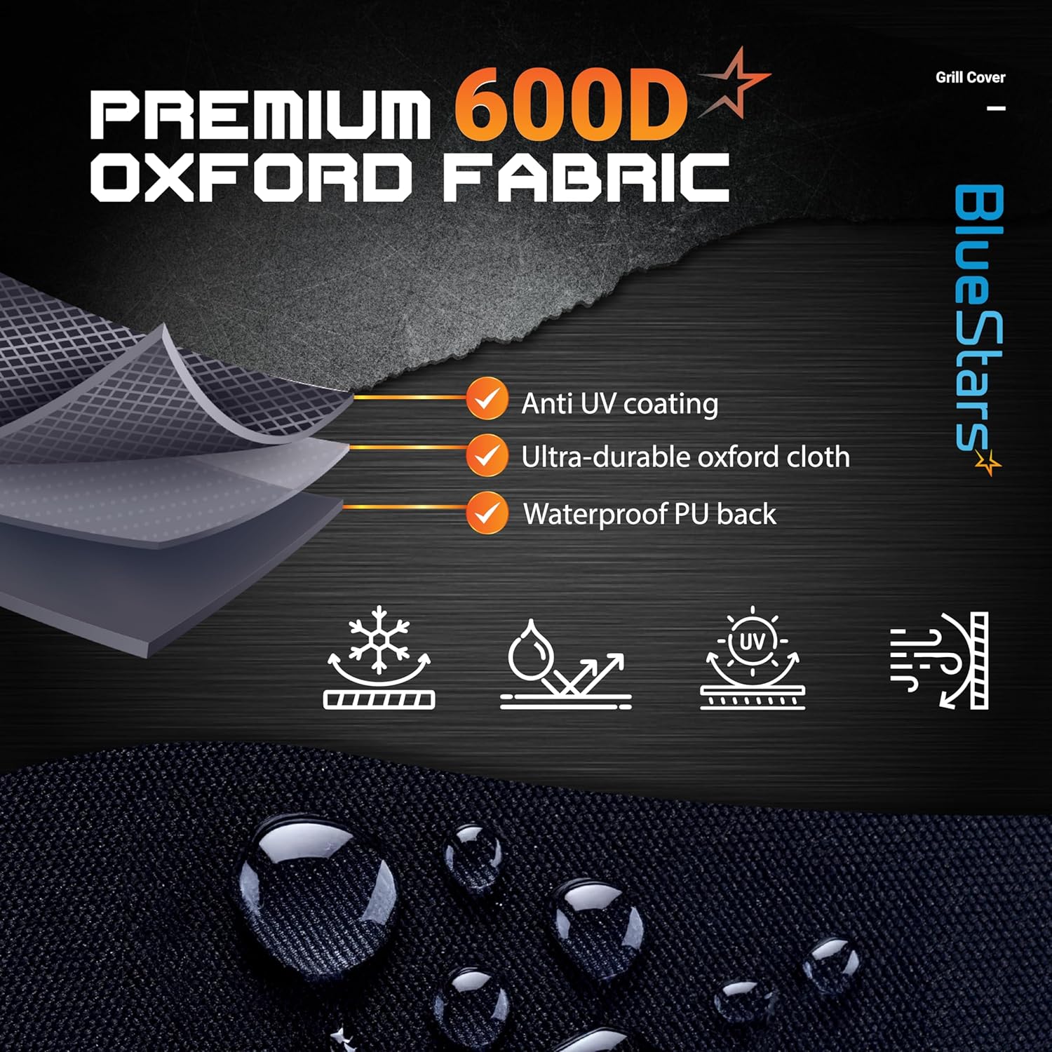BlueStars 58 inch Grill Cover – Heavy‑Duty Waterproof 600D BBQ Cover for Outdoor Gas Grills, Compatible with Genesis, Weber, Char‑Broil & Nexgrill Models, UV & Rip‑Resistant, Black