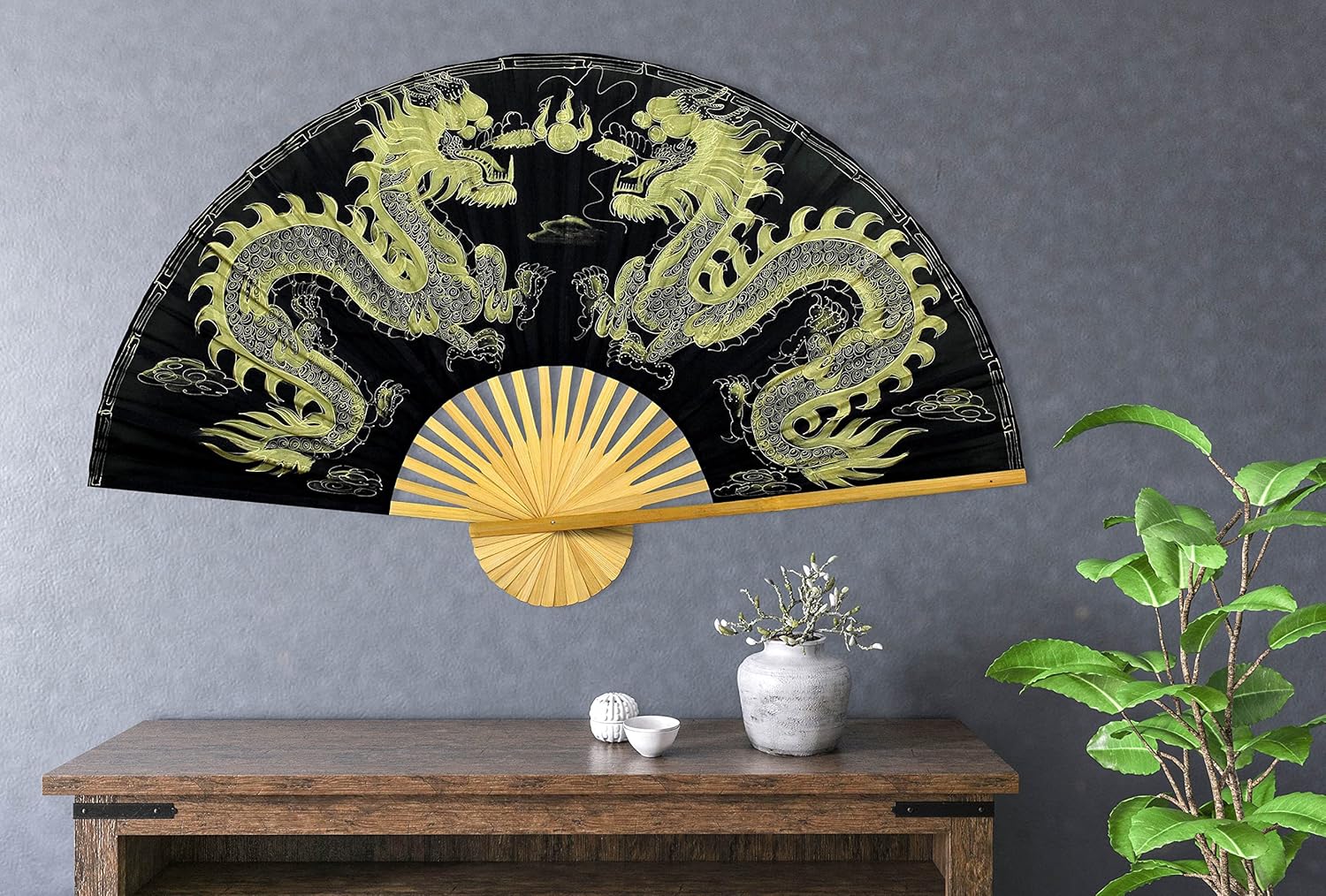 Dragons Folding Wall Fan Hand-painted Chinese Decor Artwork (40 inch wide, Golden Dragons)