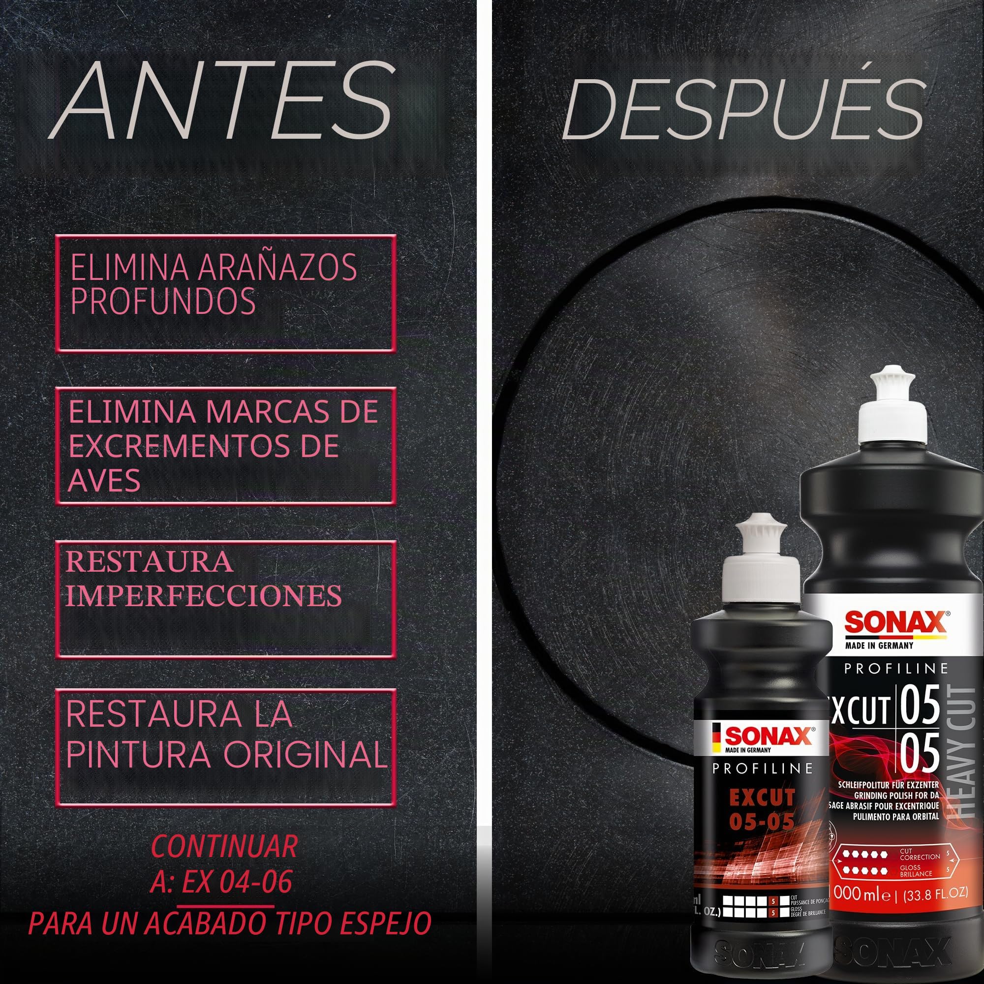 SONAX PROFILINE ExCut 05-05 (1L) pasta de lijado abrasiva | Para pulidoras excéntricas en combinación con la almohadilla de lana híbrida. Elimina las zonas lijadas de hasta P1500.