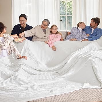 Bedsure Gentlesoft 100% Cotton Big Blanket Oversized King for Bed - Large Breathable Thick Cooling Waffle Weave Blanket for Summer, Couch Cover, White, 120x94 inches