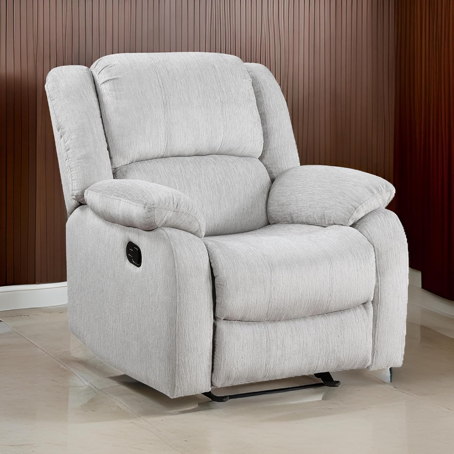 Benzara Chris 38 Inch Manual Glider Recliner Chair- Solid Wood- Light Gray Chenille