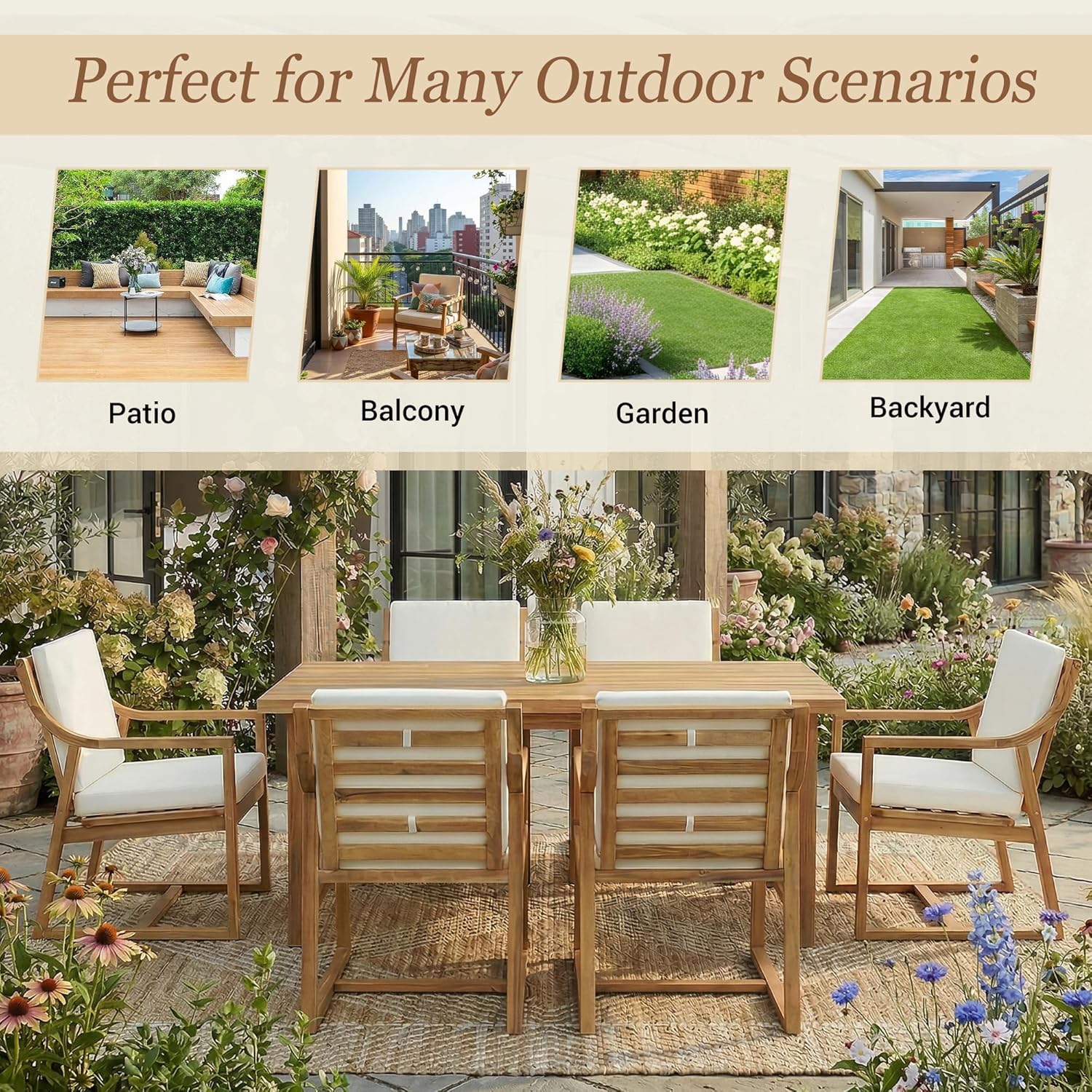 RUNNA Outdoor Dining Set 7-Piece Outdoor Dining Set Patio Table and Chairs Set Modern Outdoor Furniture Set for Patio, Backyard,Garden (Teak+ Beige#31)