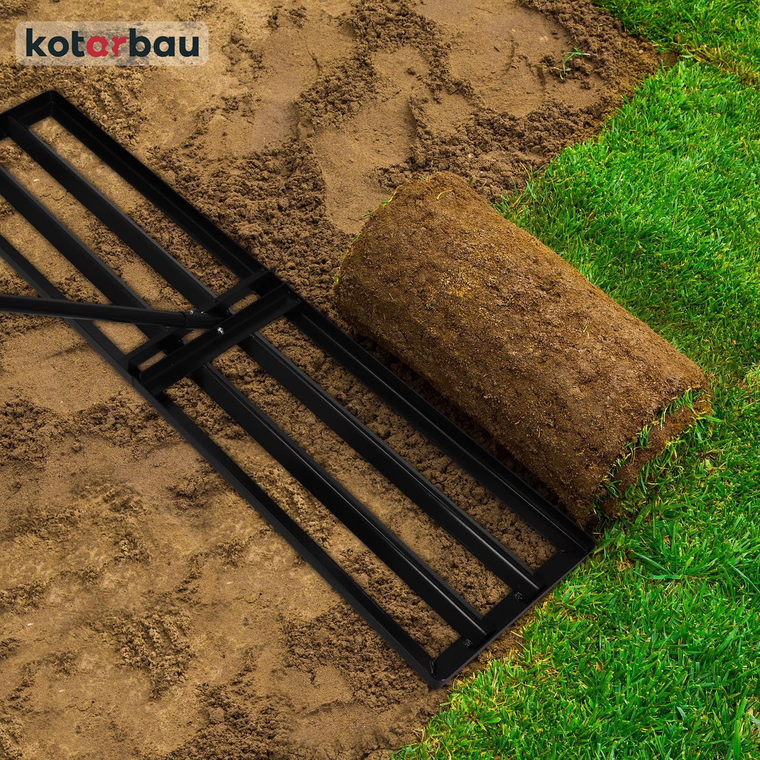 KOTARBAU® Rasenrakel - 120 x 30 cm - Rasen Nivellierrechen - mit Stahlstiel - 180 cm - Gartenwerkzeug zur Rasenpflege - Rasen Rakel - Gartenzubehör - Stahl - Schwarz