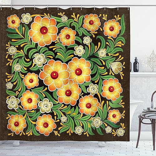 Miniatura 100 de Ambesonne Cortina de ducha hawaiana, diseño de hibisco hawaiano tropical, silueta de niña, tabla de surf, impresión de arte retro, juego de Fucsia