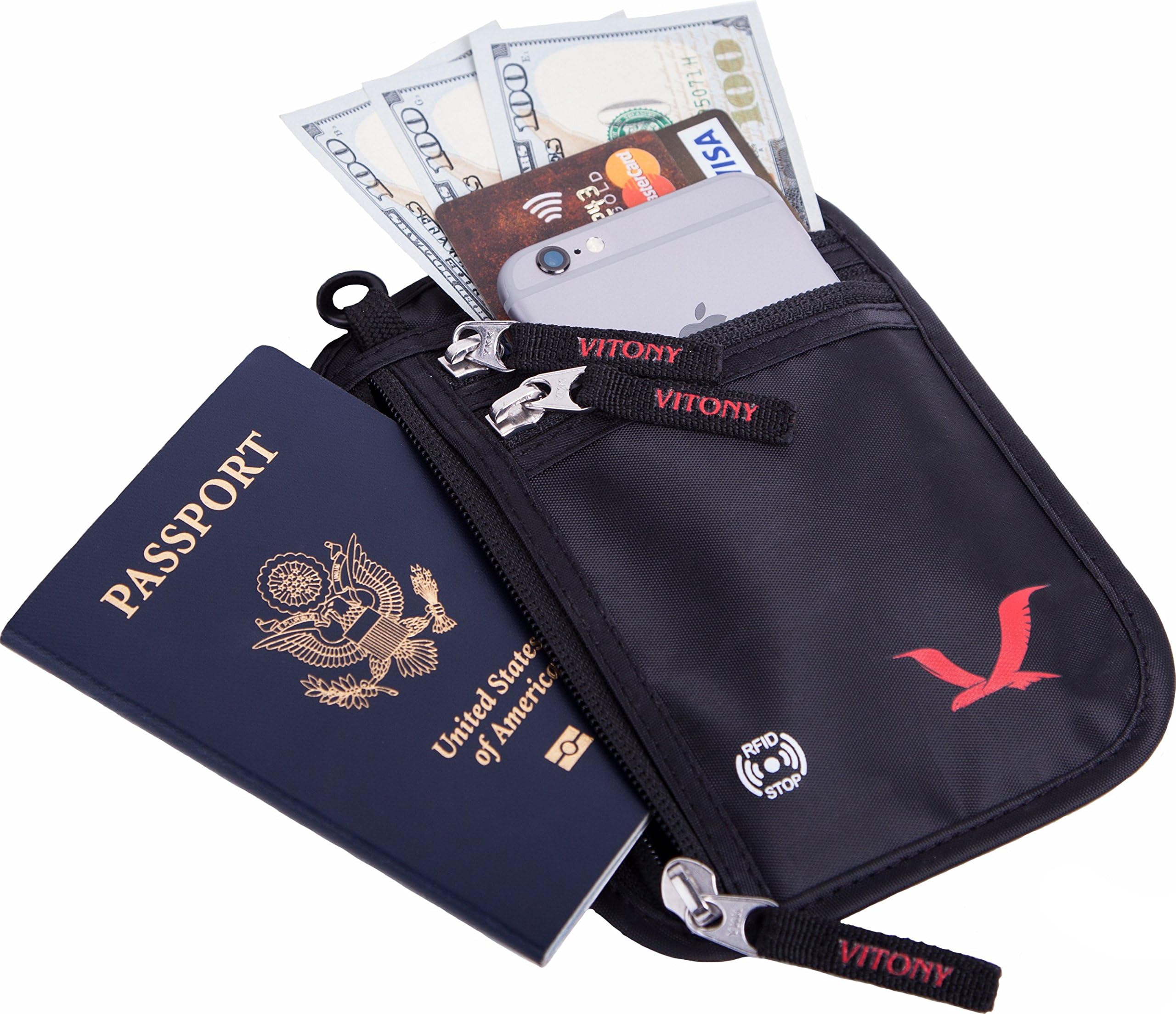 Vitony - Neck Wallet - RFID Safe & WR - Best Passport Holder & Travel Purse
