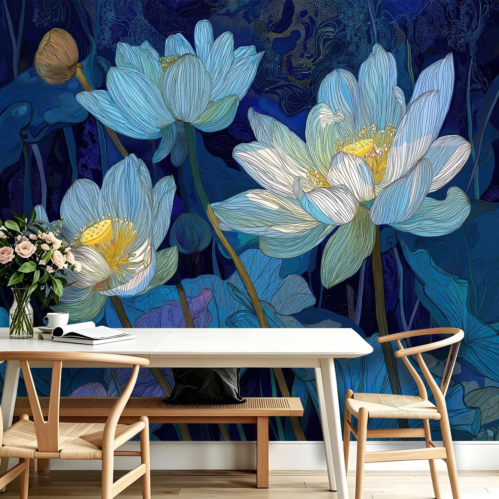 Fototapeta do salonu, kwiaty, lilia wodna, powierzchnia wody 400 x 280 cm, akwarela, lotus, druk 3D, tapeta na fizelinę, tapeta ścienna do sypialni, pokoju dziecięcego, tło TV, tapeta z włókniny