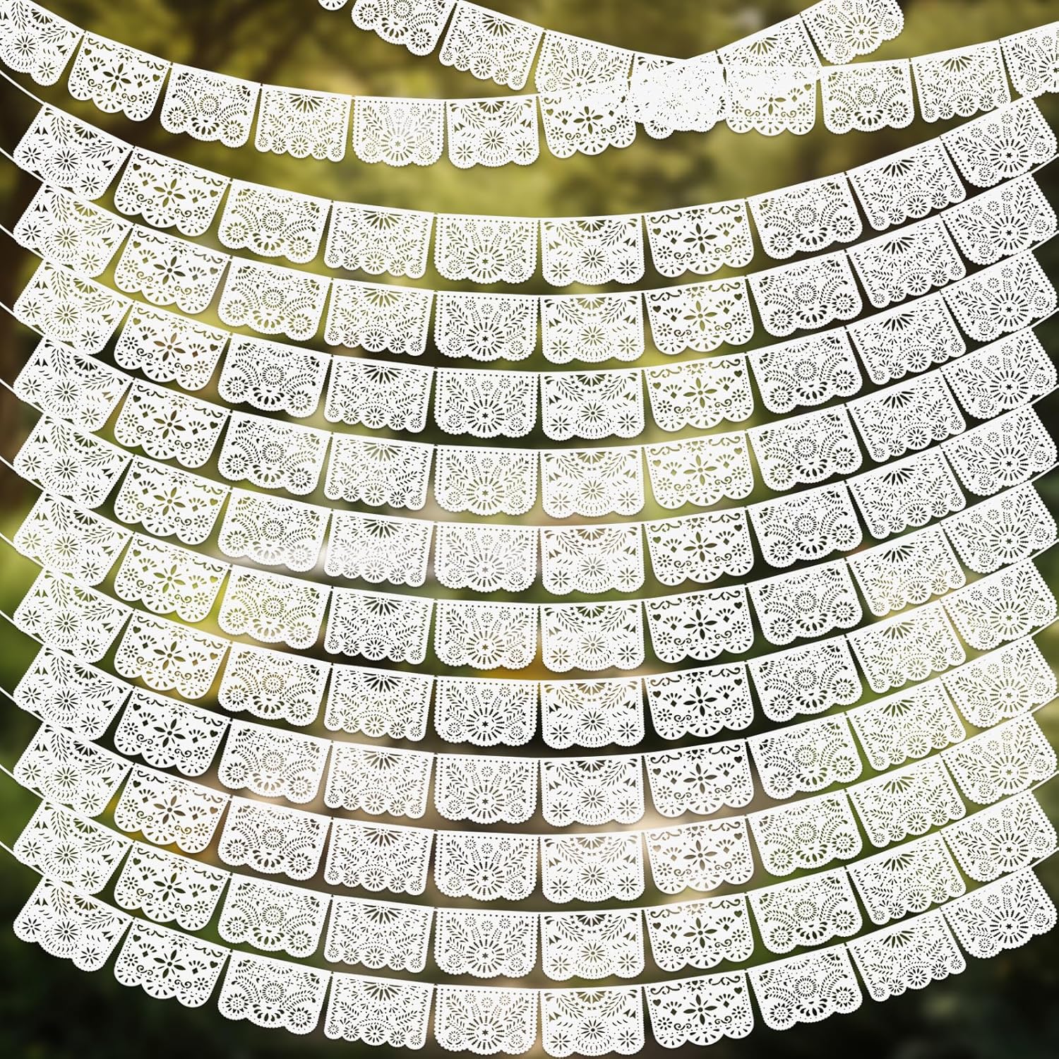 Oudain 12 Pack White Papel Picado (17 Feet Long Per Pack), Plastic White Mexican Banner Cielito Lindo Decoration for Fiesta Wedding Baby Shower Birthday, 5 Patterns