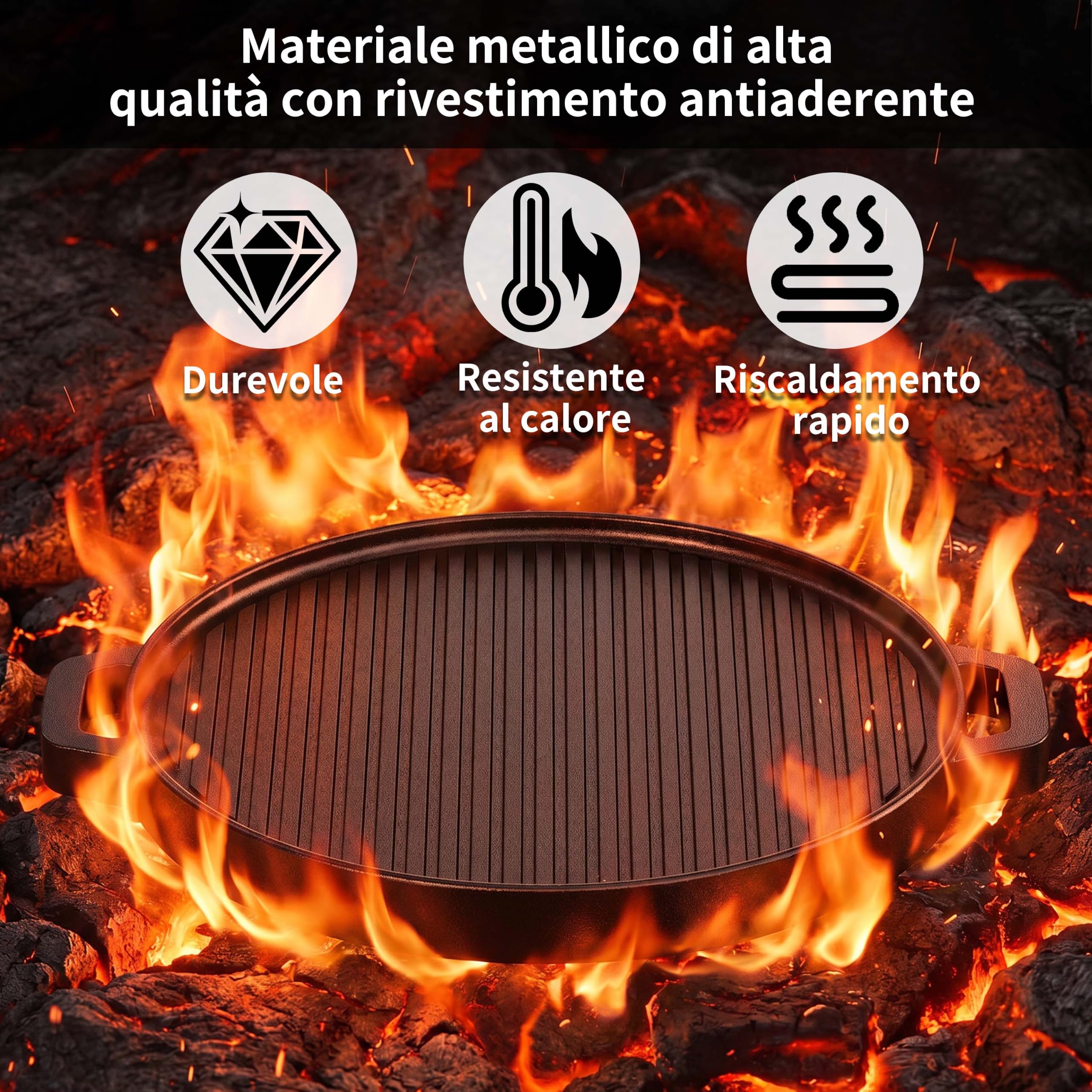 Piastra griglia con Manico per barbecue, Bistecchiera Antiaderente, Piastra Premium in Ghisa da 33 cm per Barbecue a Carbone, Gas e Pellet (Nero)