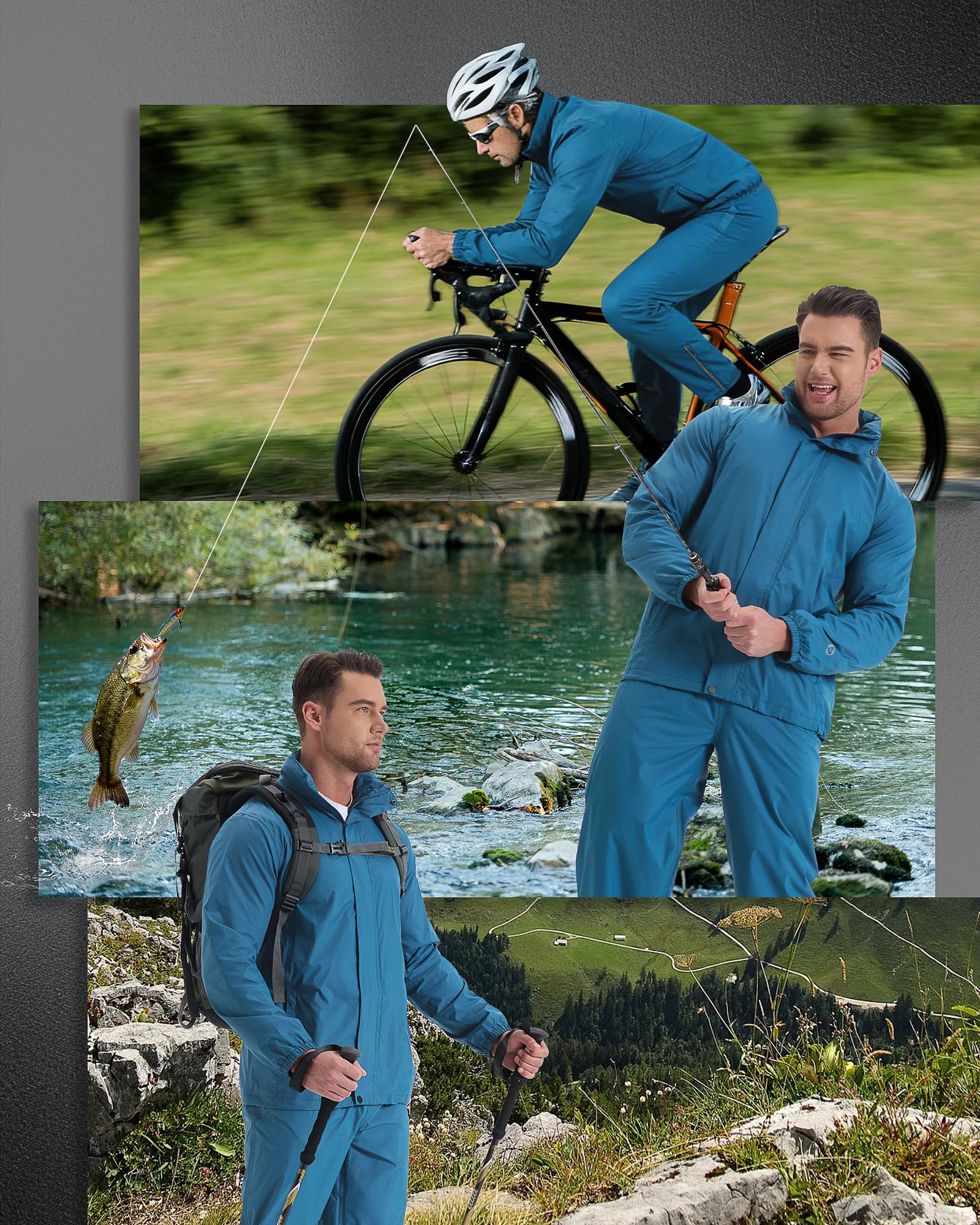 Outdoor Ventures Herren Regenanzug Wasserdichte Packbare Regenset | Reflektierender, Hideway Kapuze, 5 Taschen, Winddichte Regenkombi, Atmungsaktiv, Fischen, Wandern, Radfahren