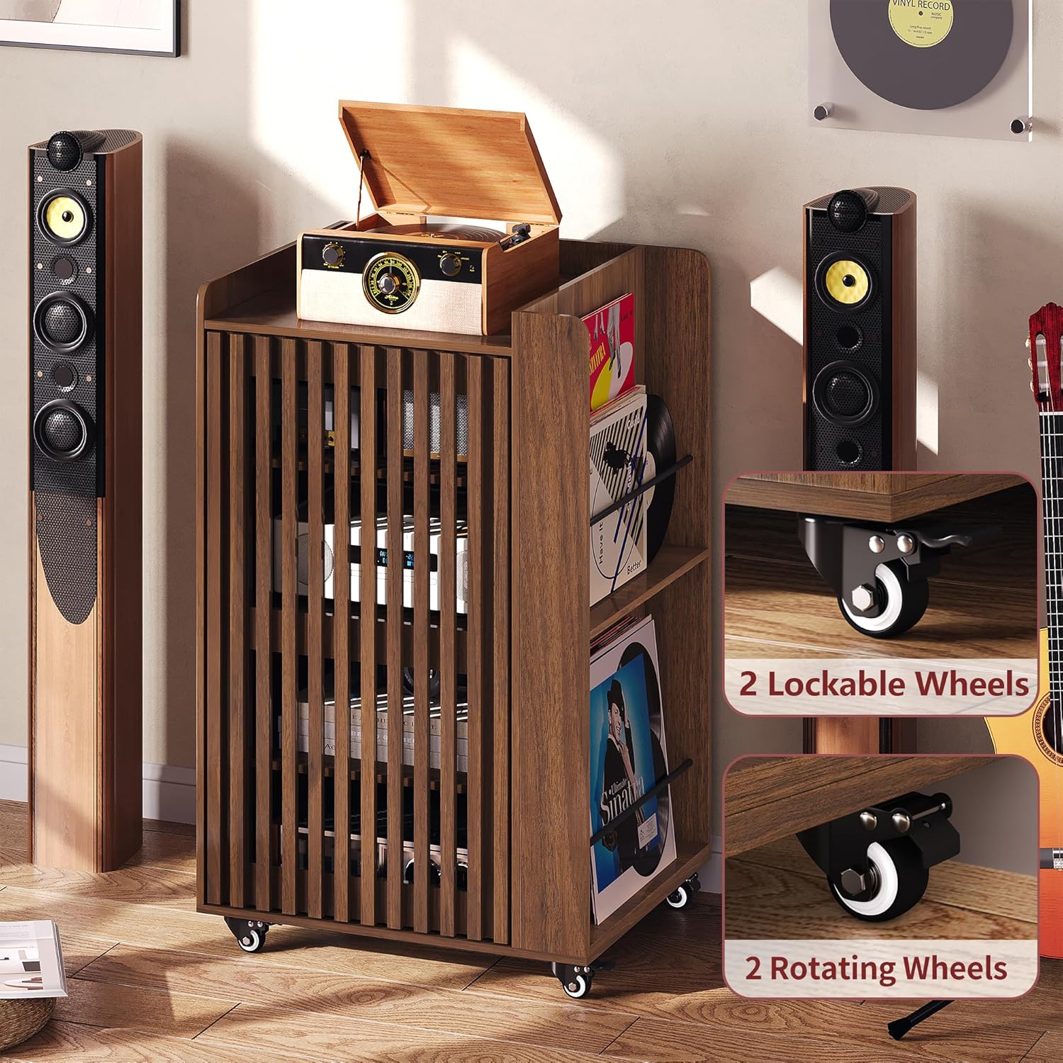 5-Tier Media Cabinet with Stereo & Vinyl Record Storage, Rolling Stereo Cabinet with Adjustable Shelves and Cable Management, AV Media Stand for Living Gaming Room (Walnut)