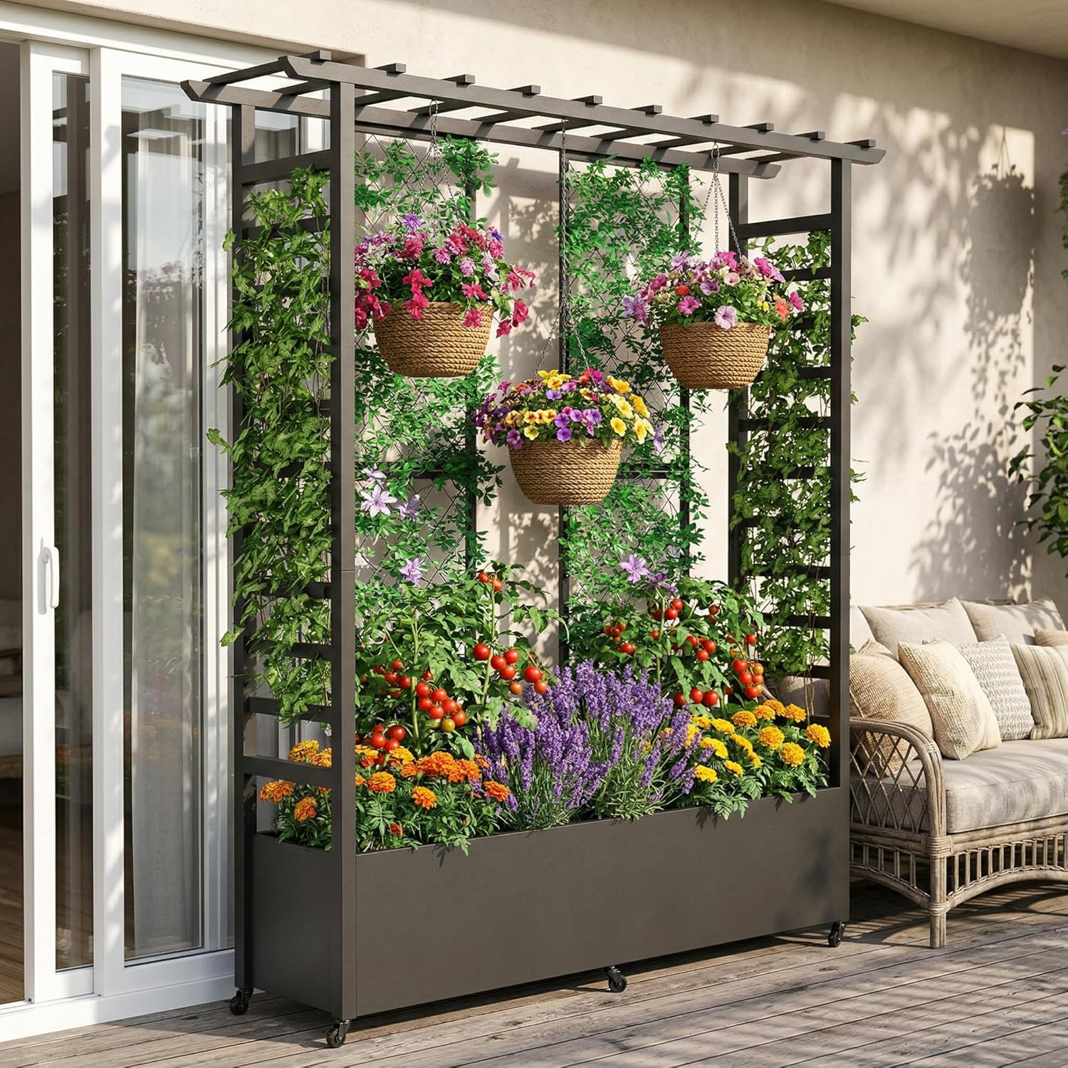 74" Mobile Planter with Trellis,Weatherproof Vertical Raise Garden Bed with Trellis & Hanging Roof for Climbing Plants,Flowers,Vegetables,Rust-Proof Metal Privacy Planter for Patio (Black-B)