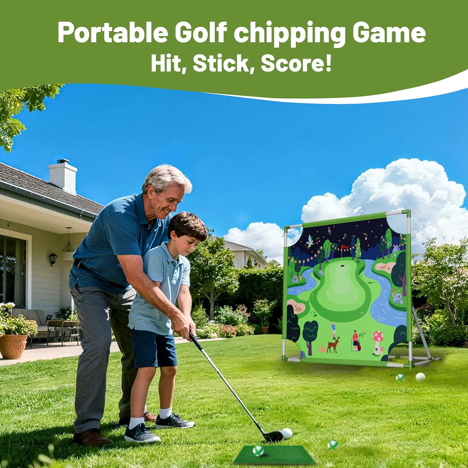 Owine Golf Chipping Game, Golf Game Mat Set, Double Sided Hitting Mat, 20 Sticky Balls & More Accessories, Indoor Outdoor Home Backyard Practice Set for Adults Family Friends Sport Birthday Gift